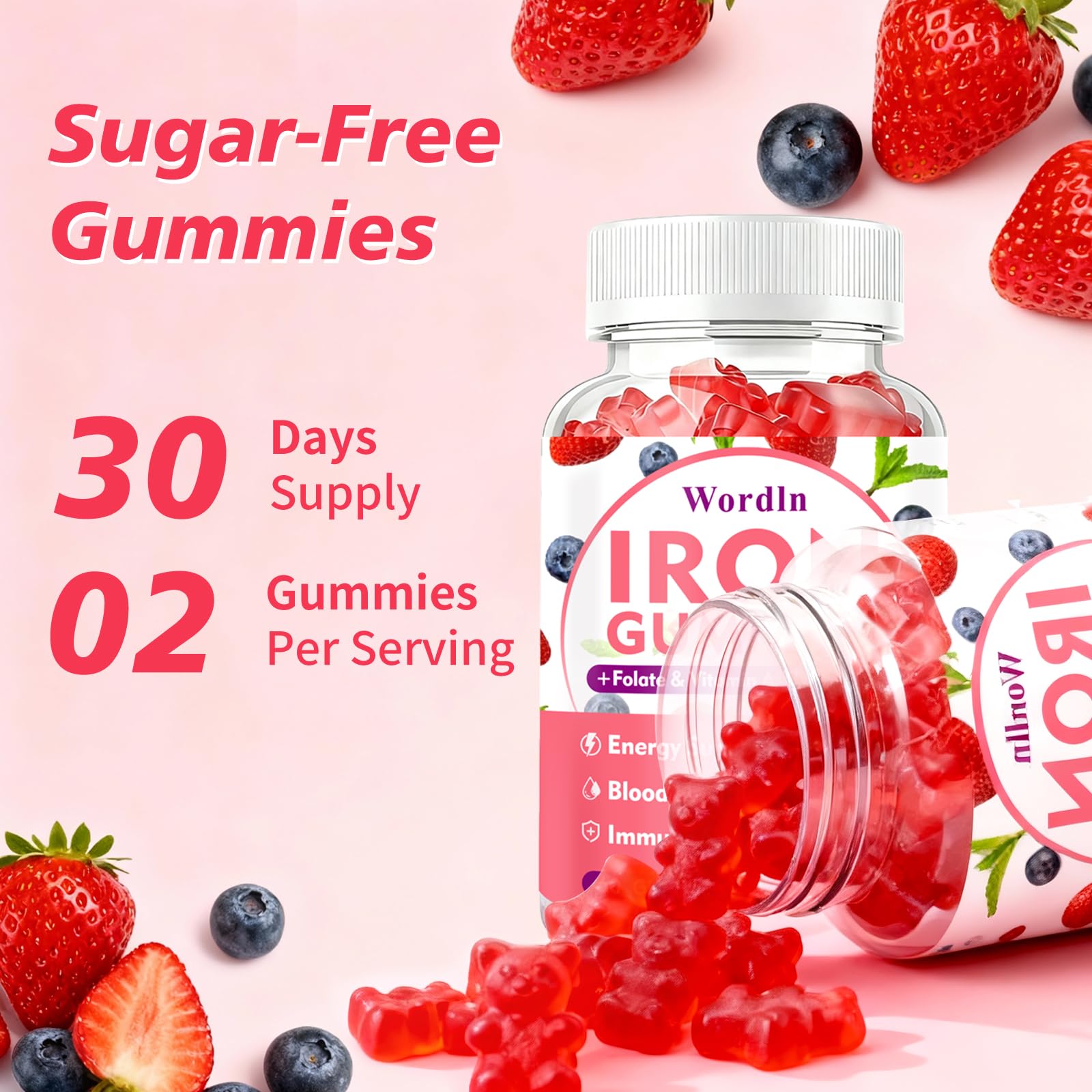 Wordln Iron Gummies with a measuring spoon for dosage