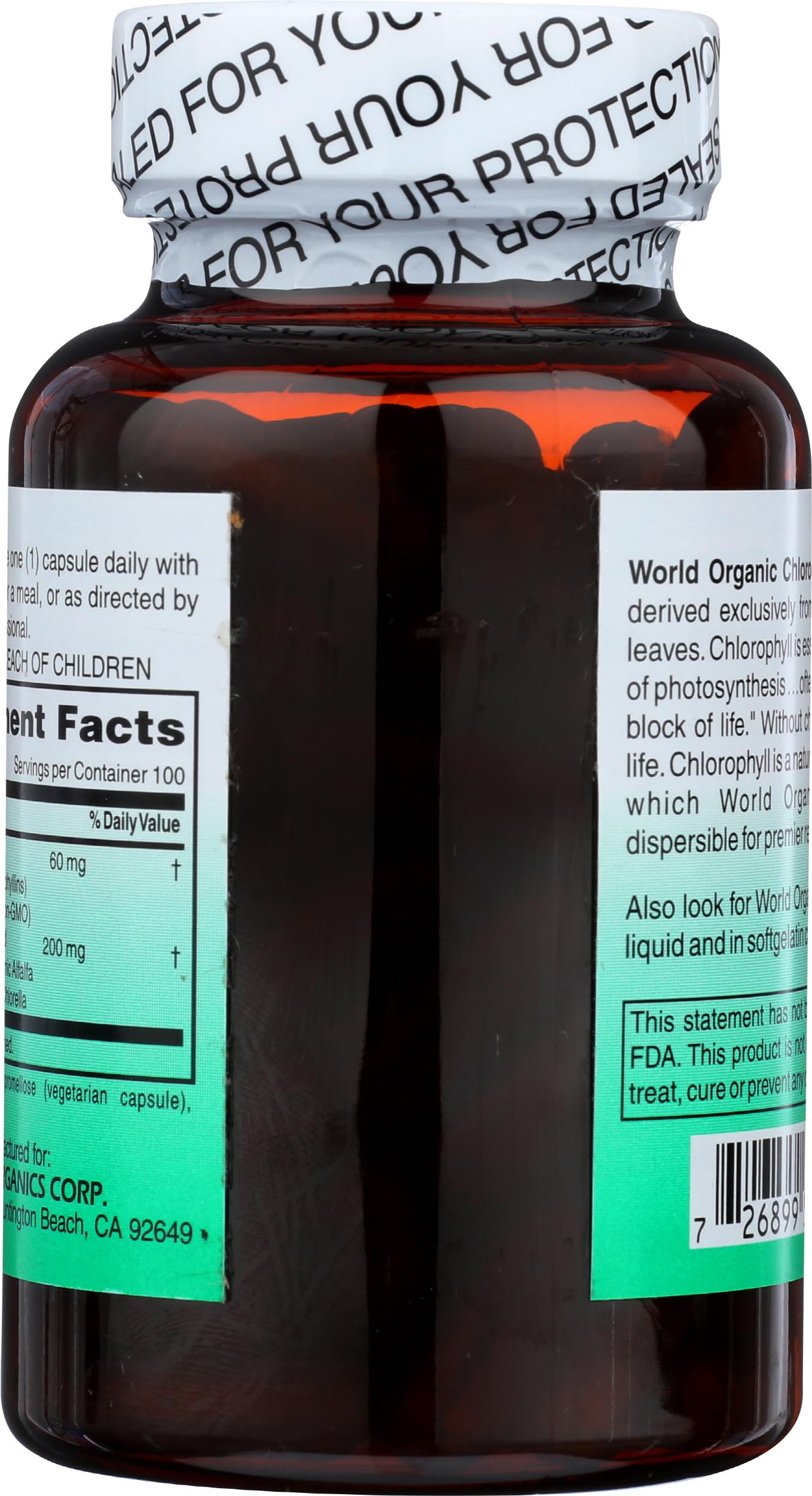 World Organic Chlorophyll 100 mg capsule bottle side view