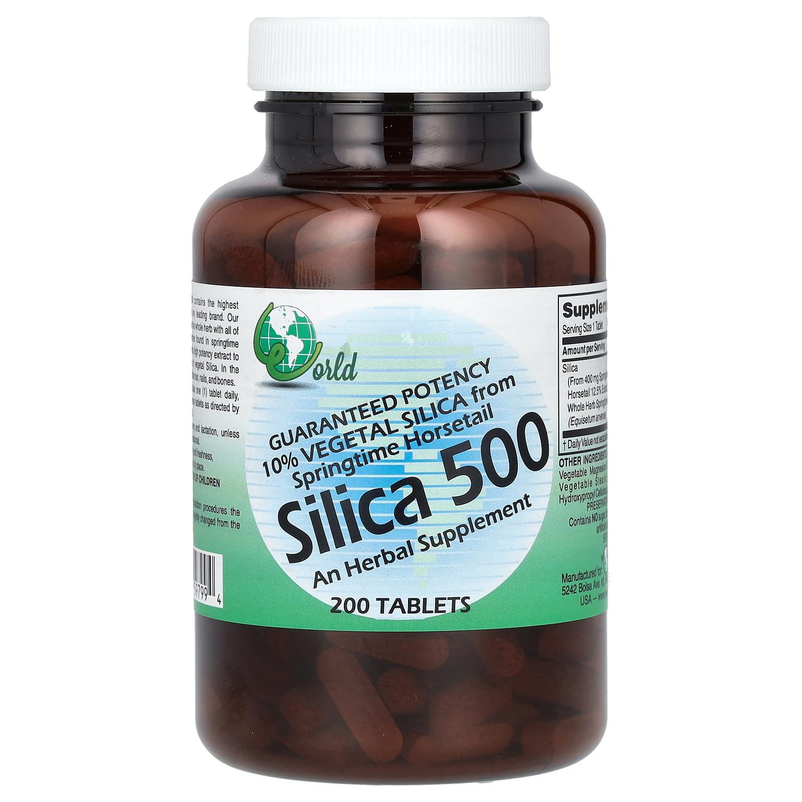 World Organic Silica 500mg 200 Tablets front view
