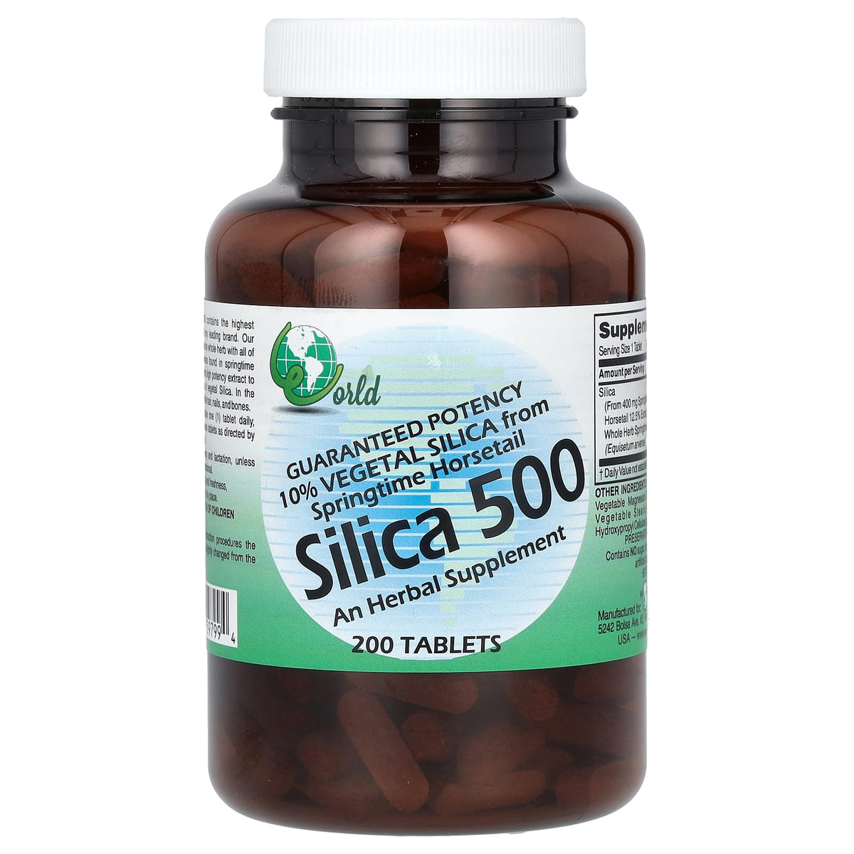 World Organic Silica 500mg 200 Tablets front view