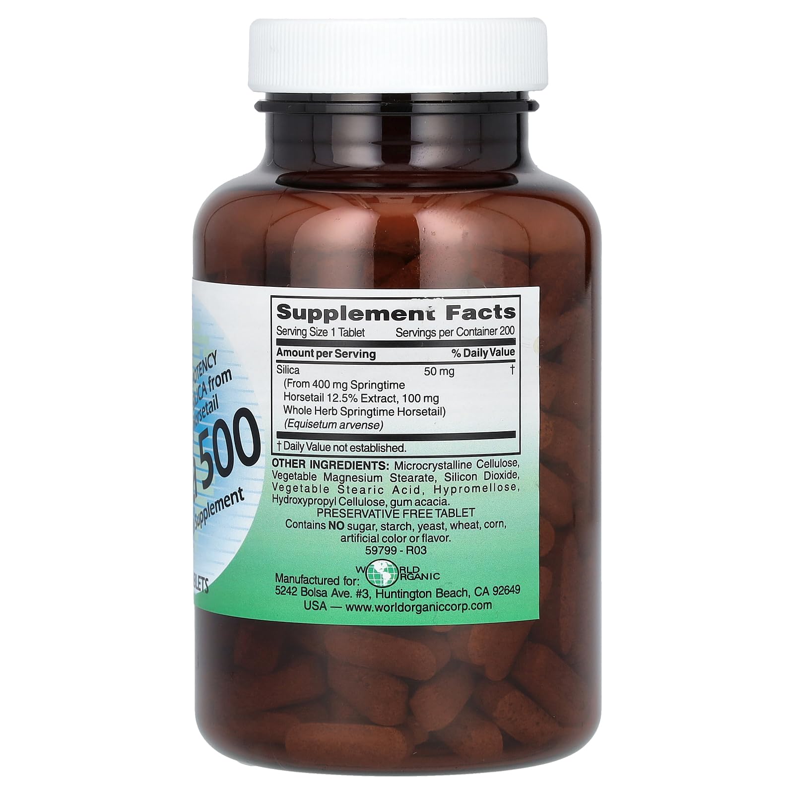 World Organic Silica 500mg 200 Tablets packaging