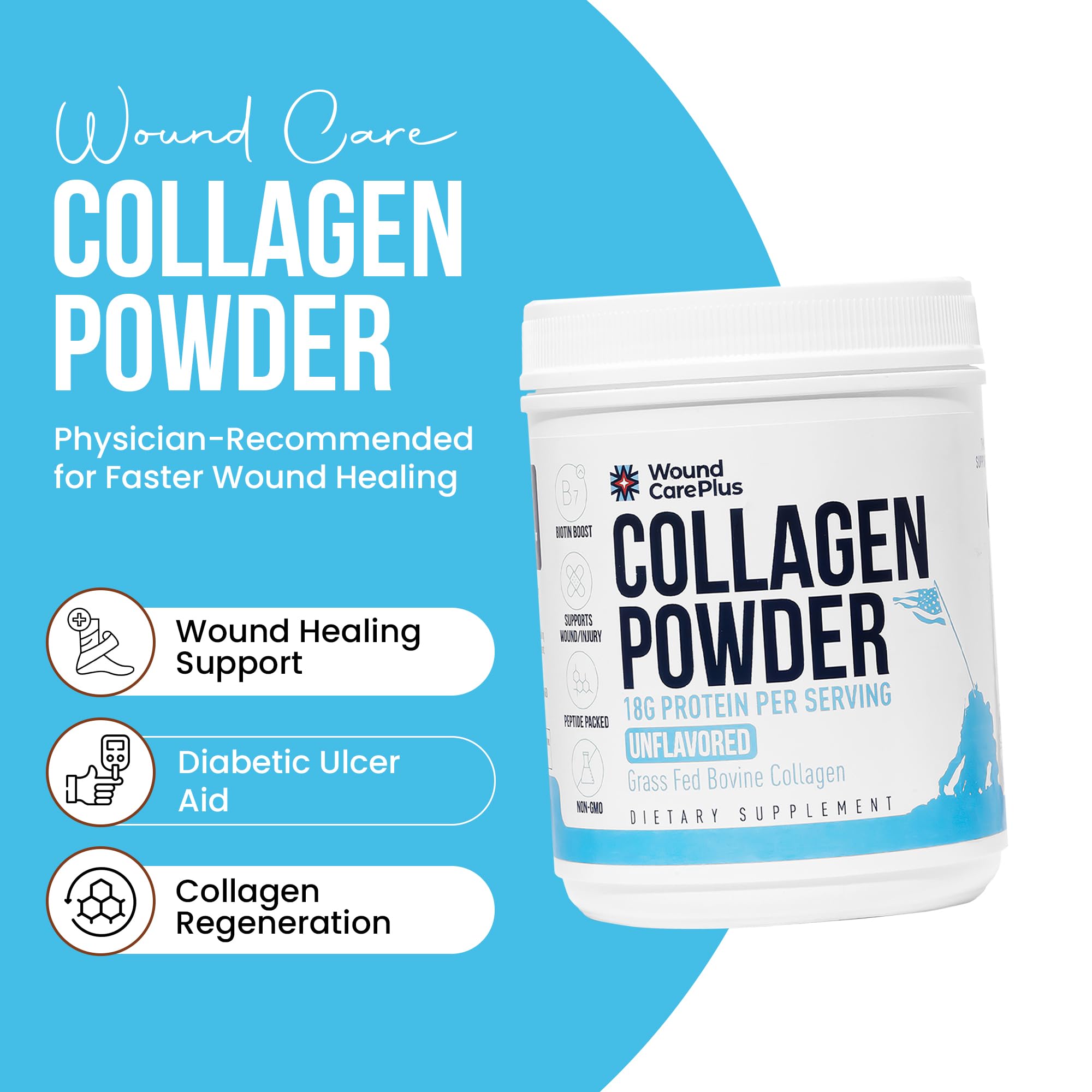 WOUND CAREPLUS Collagen Powder scoop showing unflavoured powder