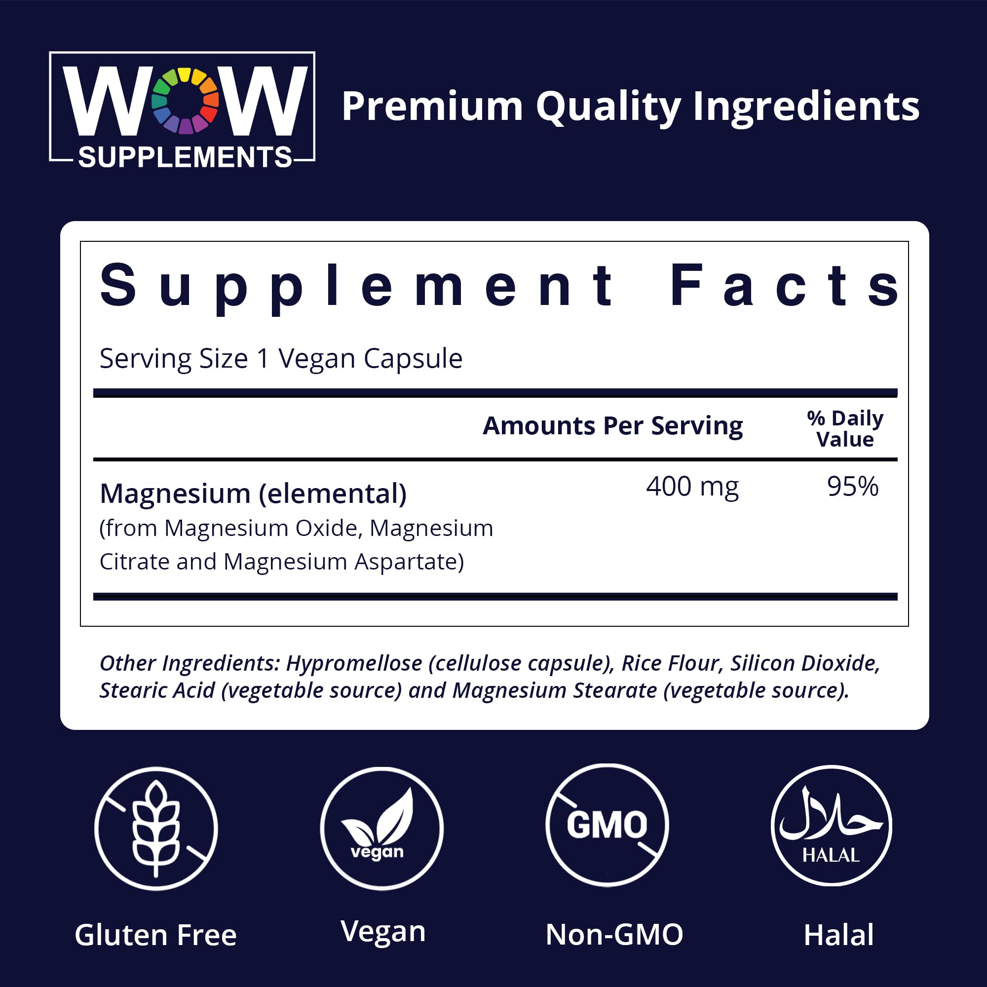 WOW Supplements Magnesium 400mg Capsules side view