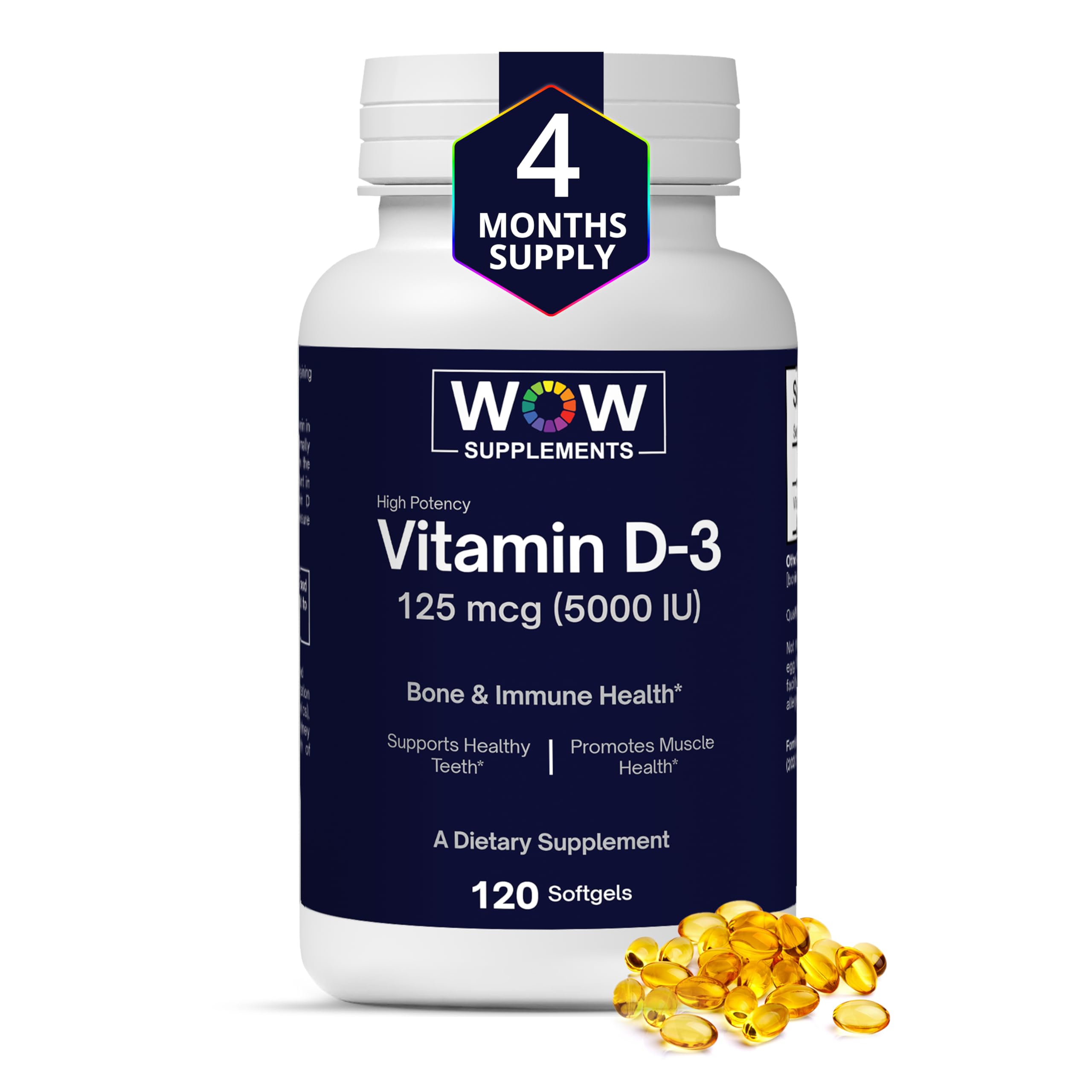 WOW Supplements Vitamin D3 5000 IU softgels front view