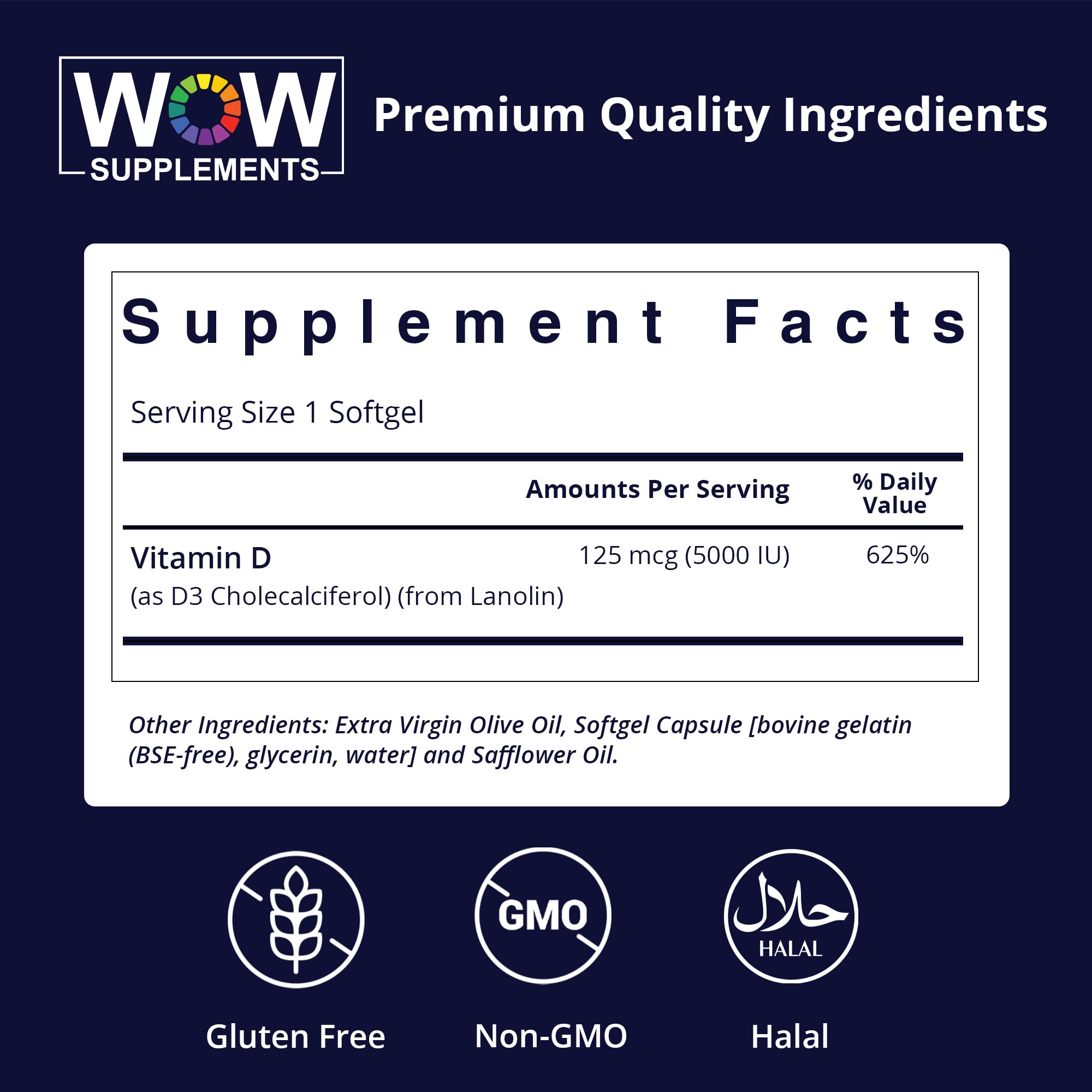 WOW Supplements Vitamin D3 5000 IU softgels packaging
