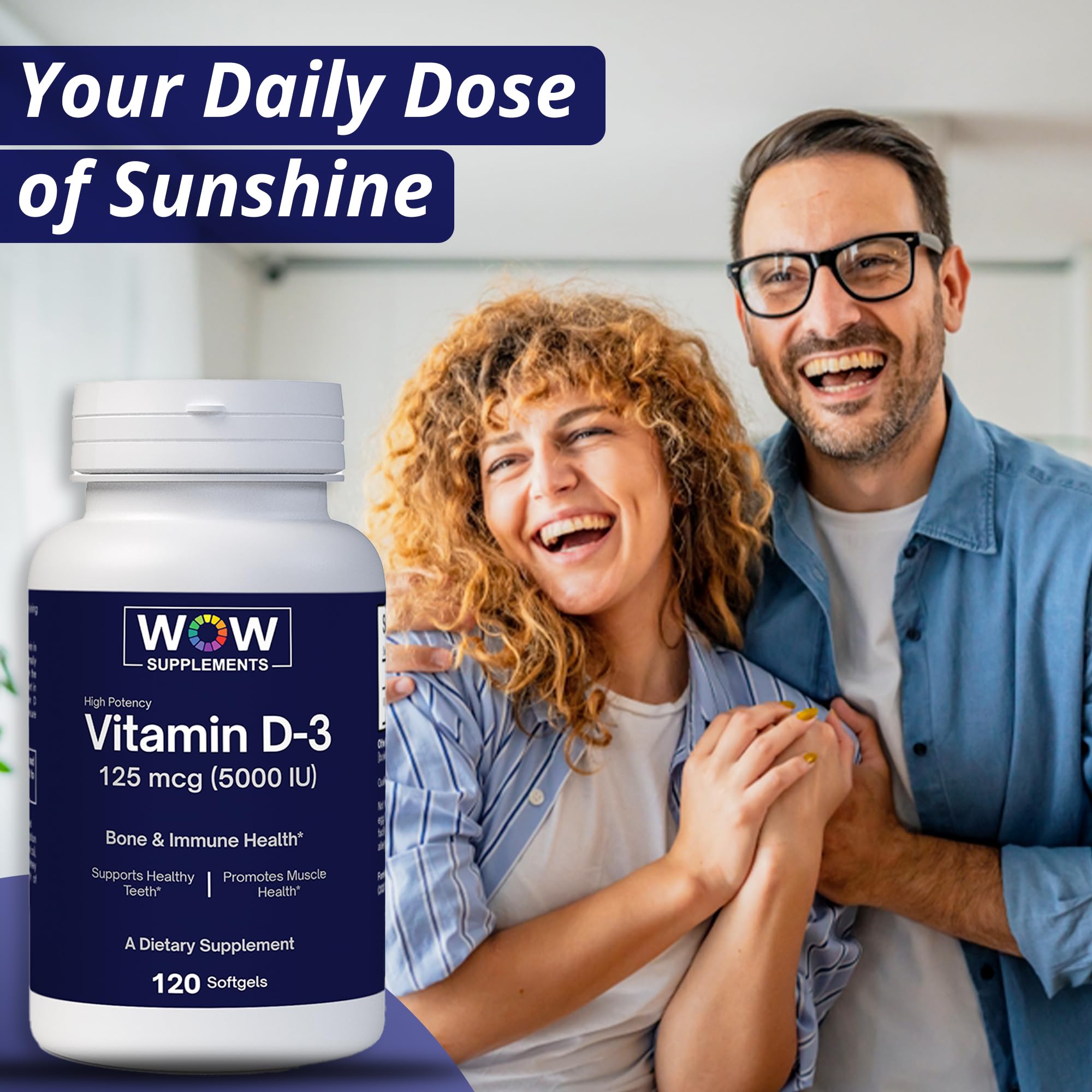 WOW Supplements Vitamin D3 softgels on a wooden table