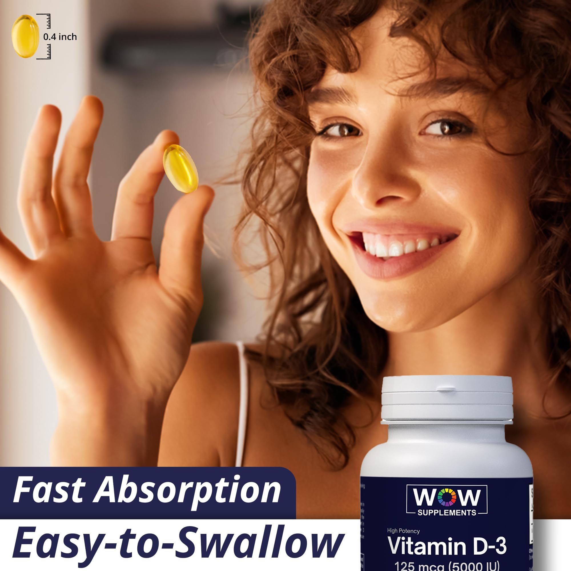 WOW Supplements Vitamin D3 softgels with measuring spoon