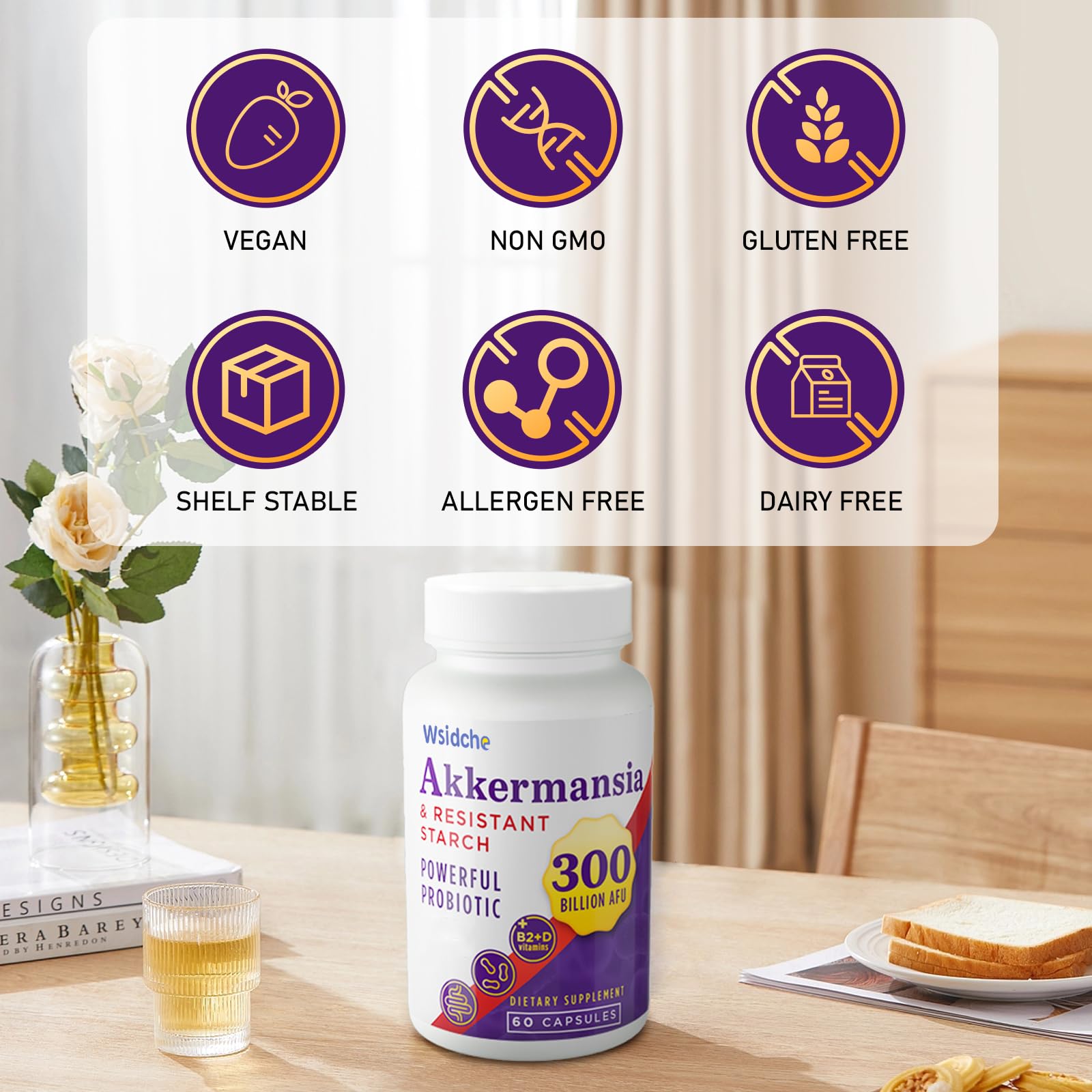 Wsidche Akkermansia Probiotic Supplement capsules on a wooden surface
