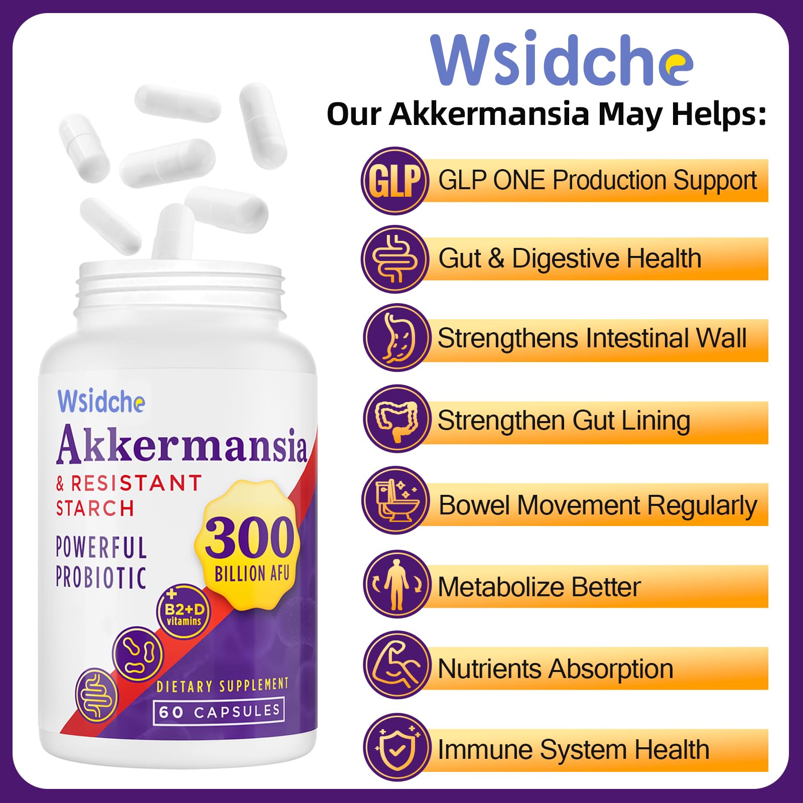 Wsidche Akkermansia Probiotic Supplement side view showing capsules