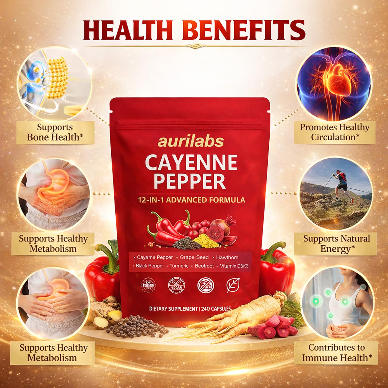 WSJAWH Cayenne Pepper Supplement softgels on a wooden table