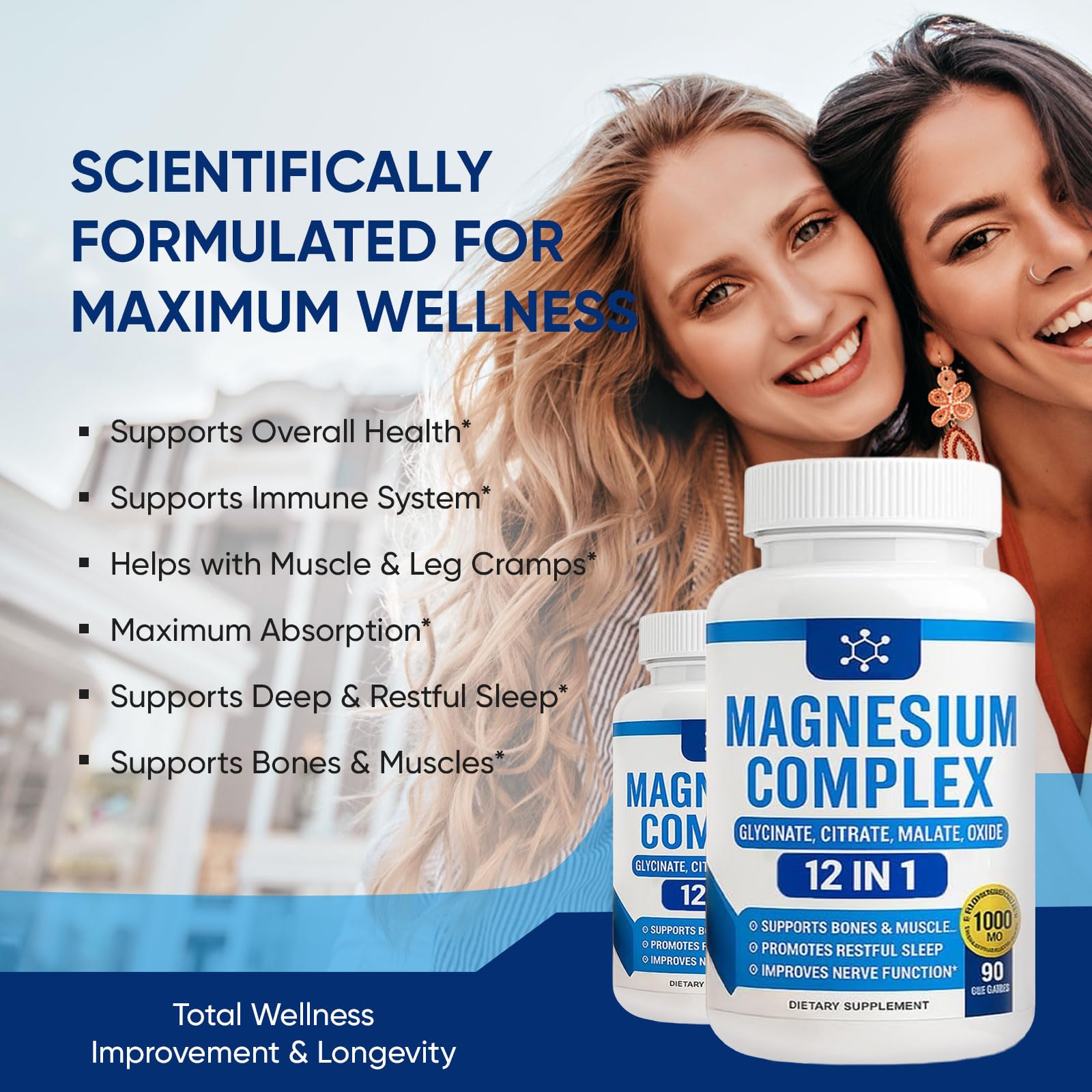 WSJAWH Magnesium Complex 12-in-1 supplement on a wooden table