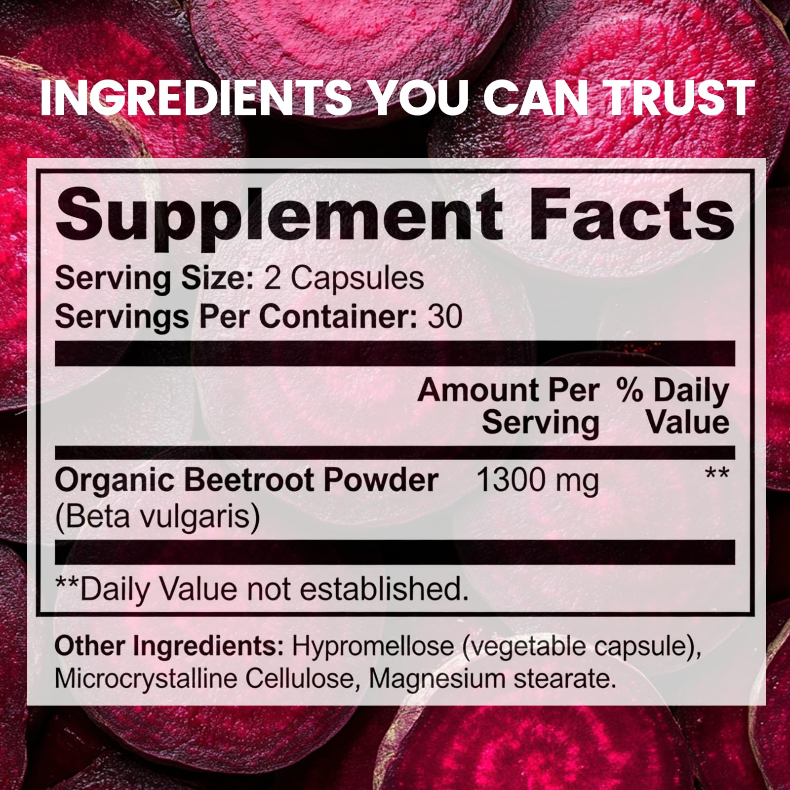 WSJAWH Organic Beet Root Capsules 1300mg bottle side view