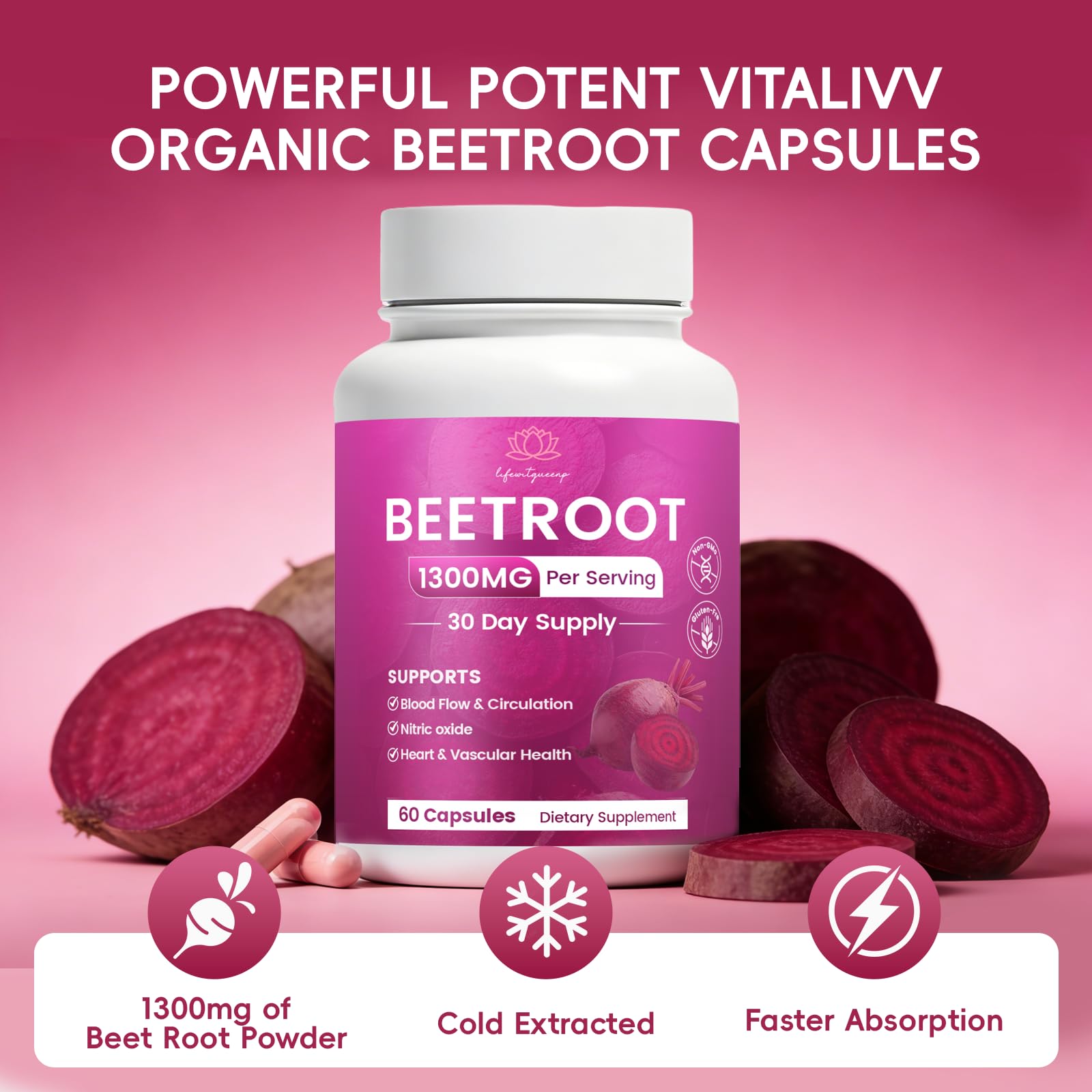 WSJAWH Organic Beet Root Capsules 1300mg capsules close-up