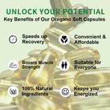 WUJECT Oregano Oil Softgels on a wooden table with natural herbs