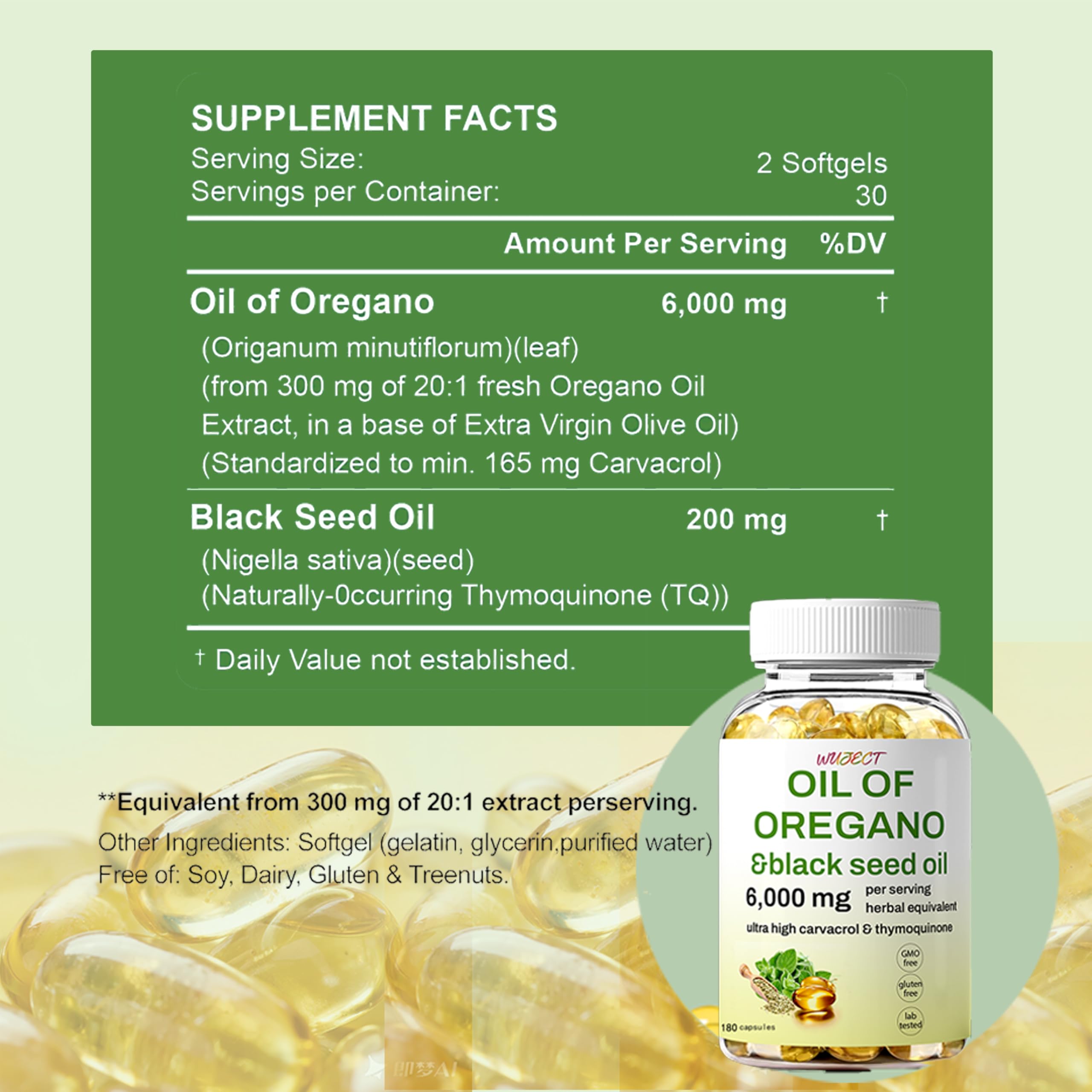 WUJECT Oregano Oil Softgels open bottle showing softgel capsules