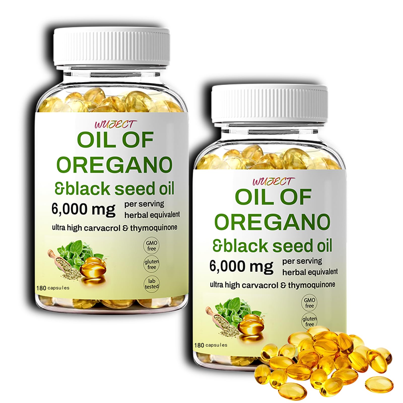 WUJECT Oregano Oil Softgels packaging with health-focused background