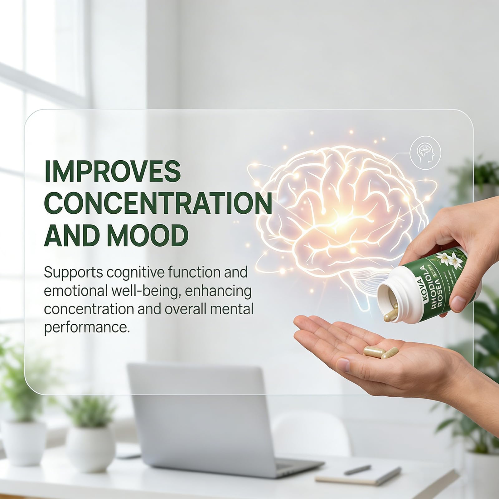 wuliao Rhodiola Rosea Capsules 500mg with a glass of water