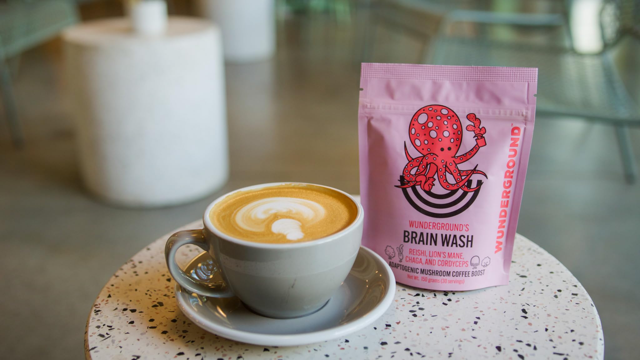 Wunderground Organic Adaptogenic Mushroom SuperBoost lifestyle scene with beverage