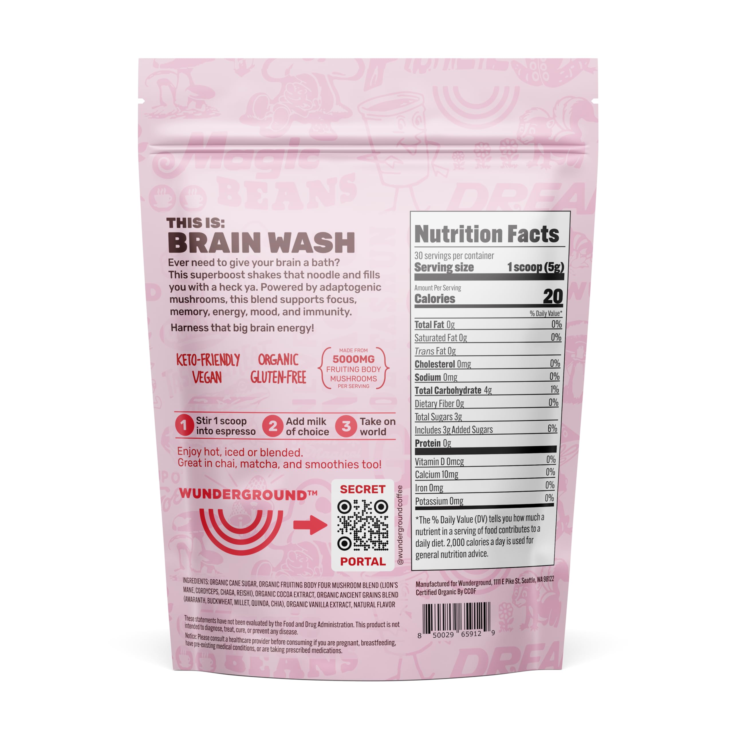 Wunderground Organic Adaptogenic Mushroom SuperBoost side view showing ingredients