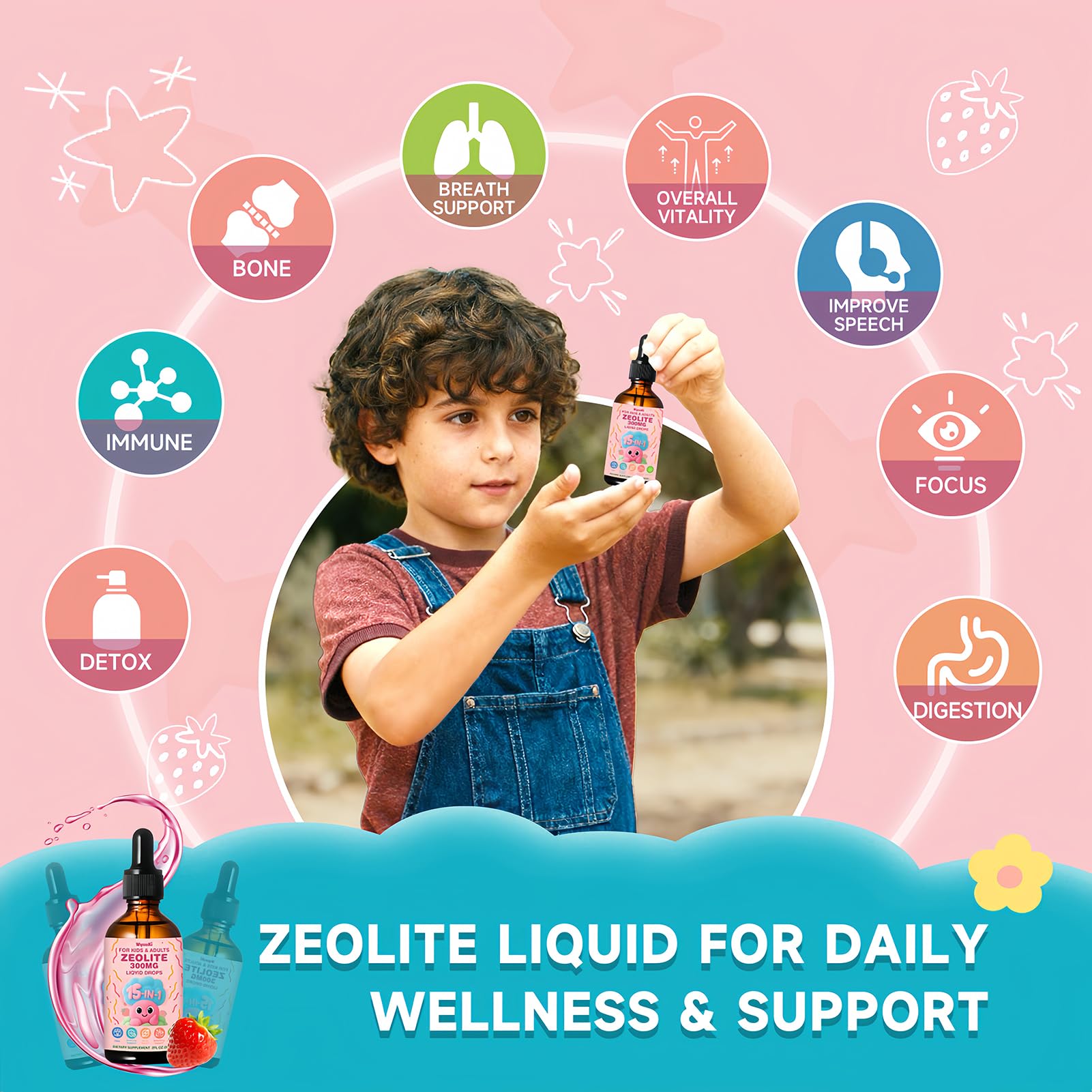WyuuKi Zeolite Drops for Kids showing dosage dropper