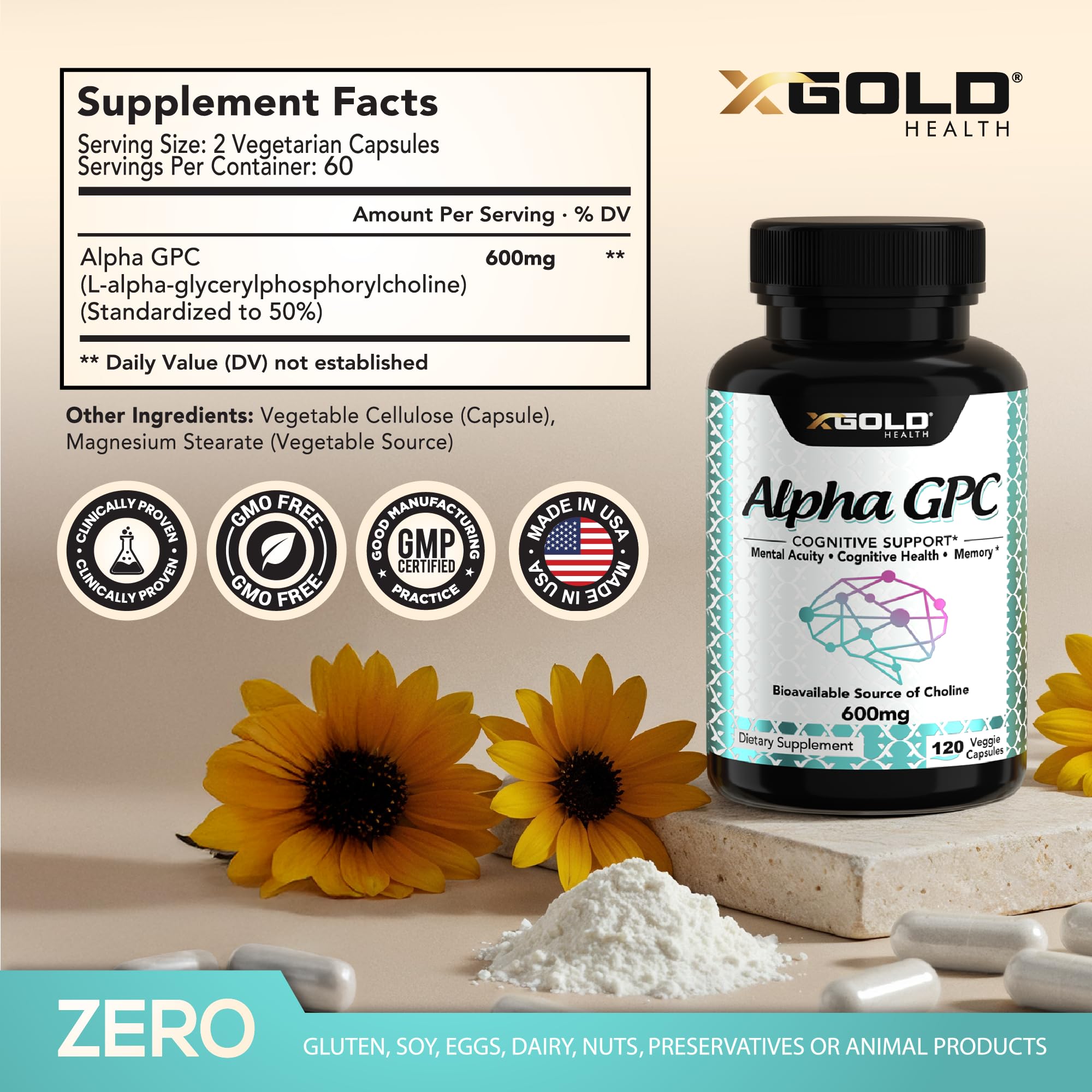 X Gold Health Alpha GPC bottle side view showing label