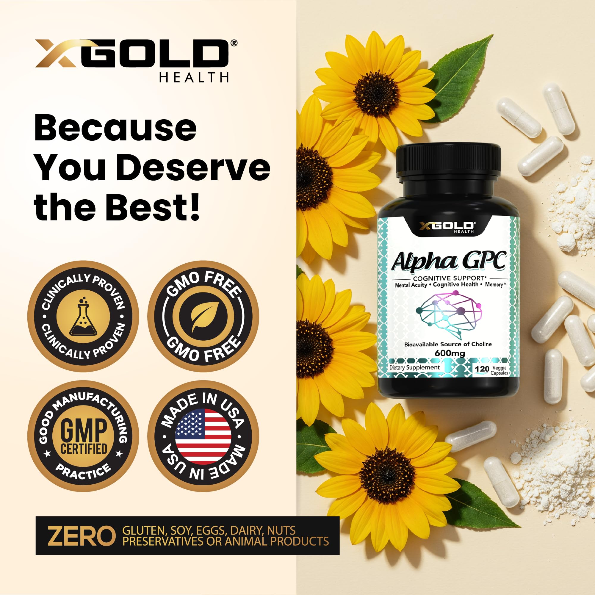 X Gold Health Alpha GPC bottle with measuring spoon