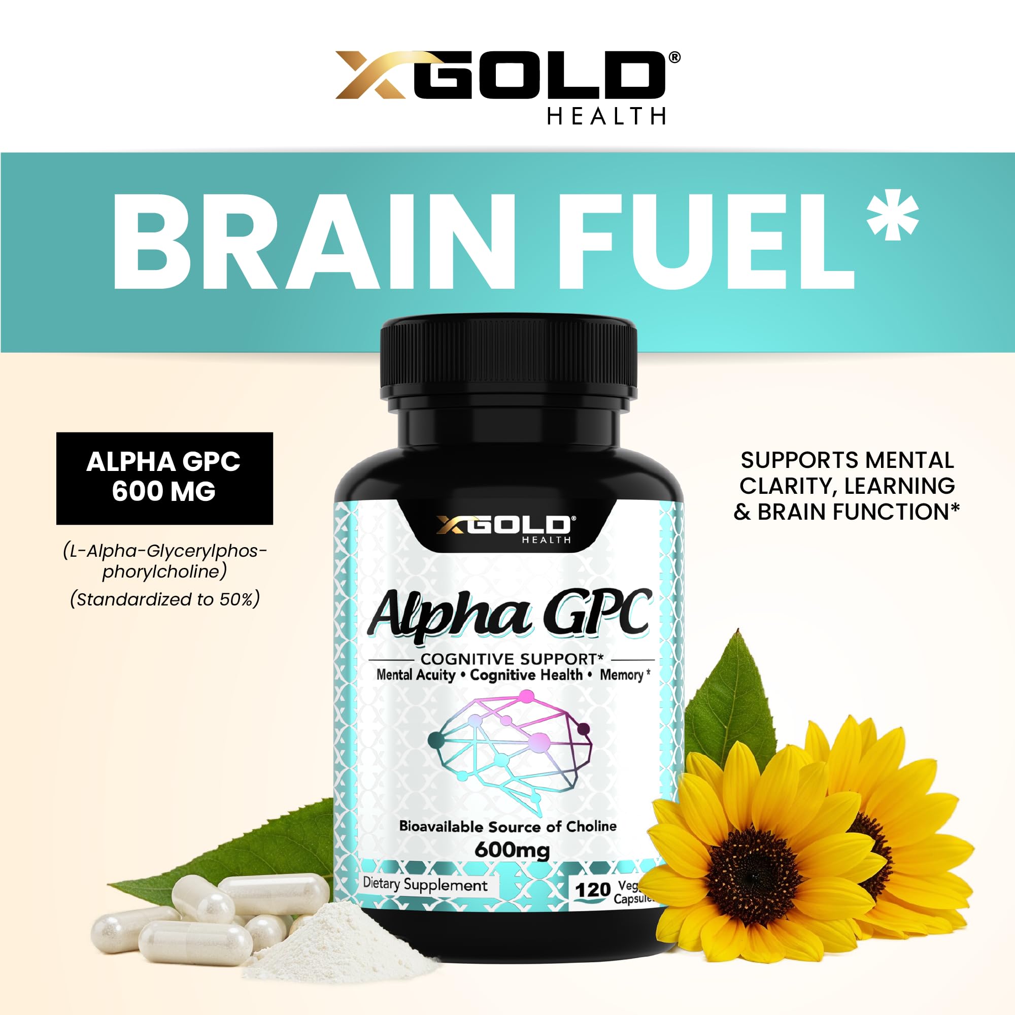 X Gold Health Alpha GPC capsules on a wooden surface