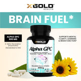 X Gold Health Alpha GPC capsules on a wooden surface
