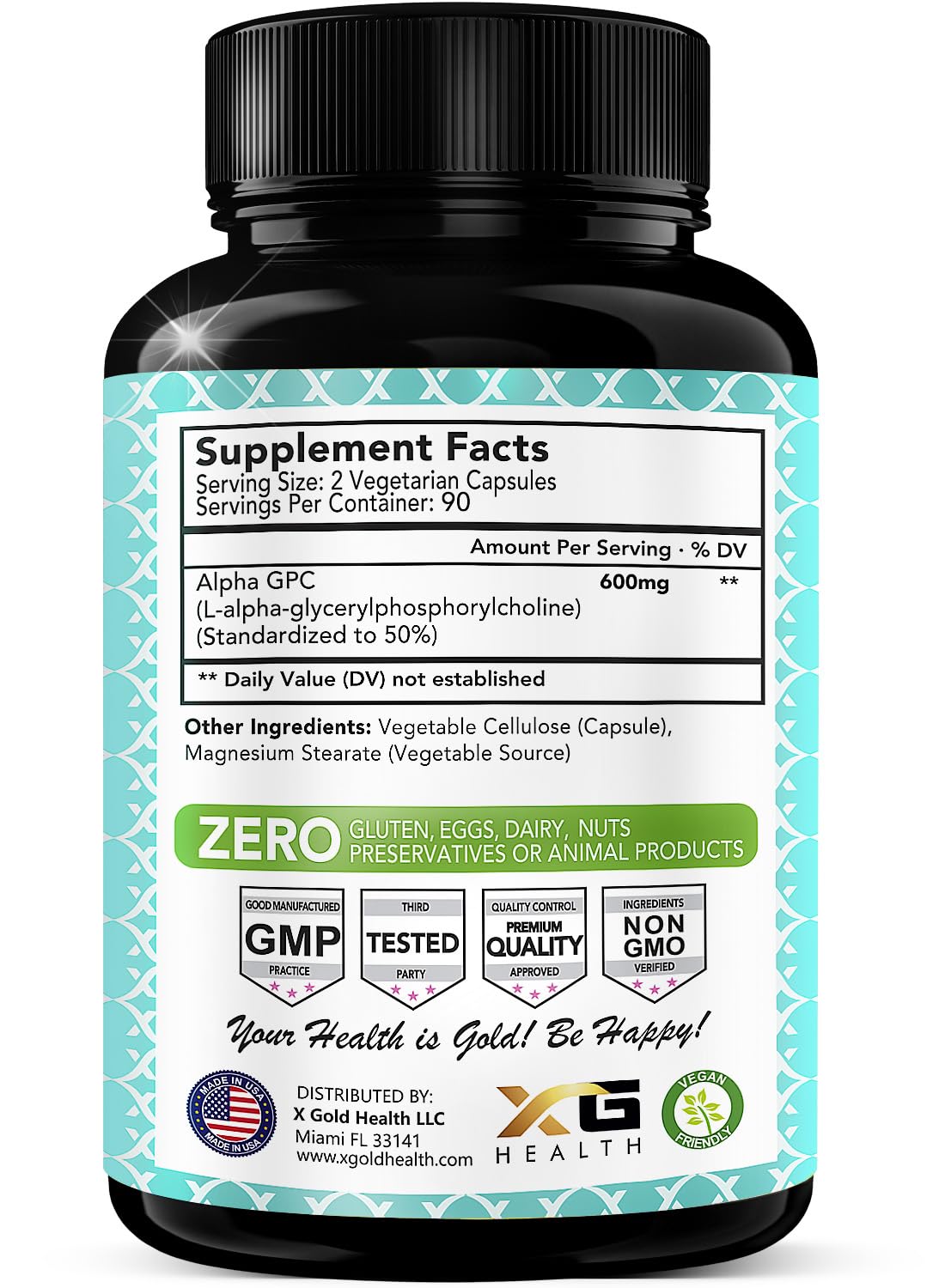 X Gold Health Alpha GPC supplement capsules in a bottle
