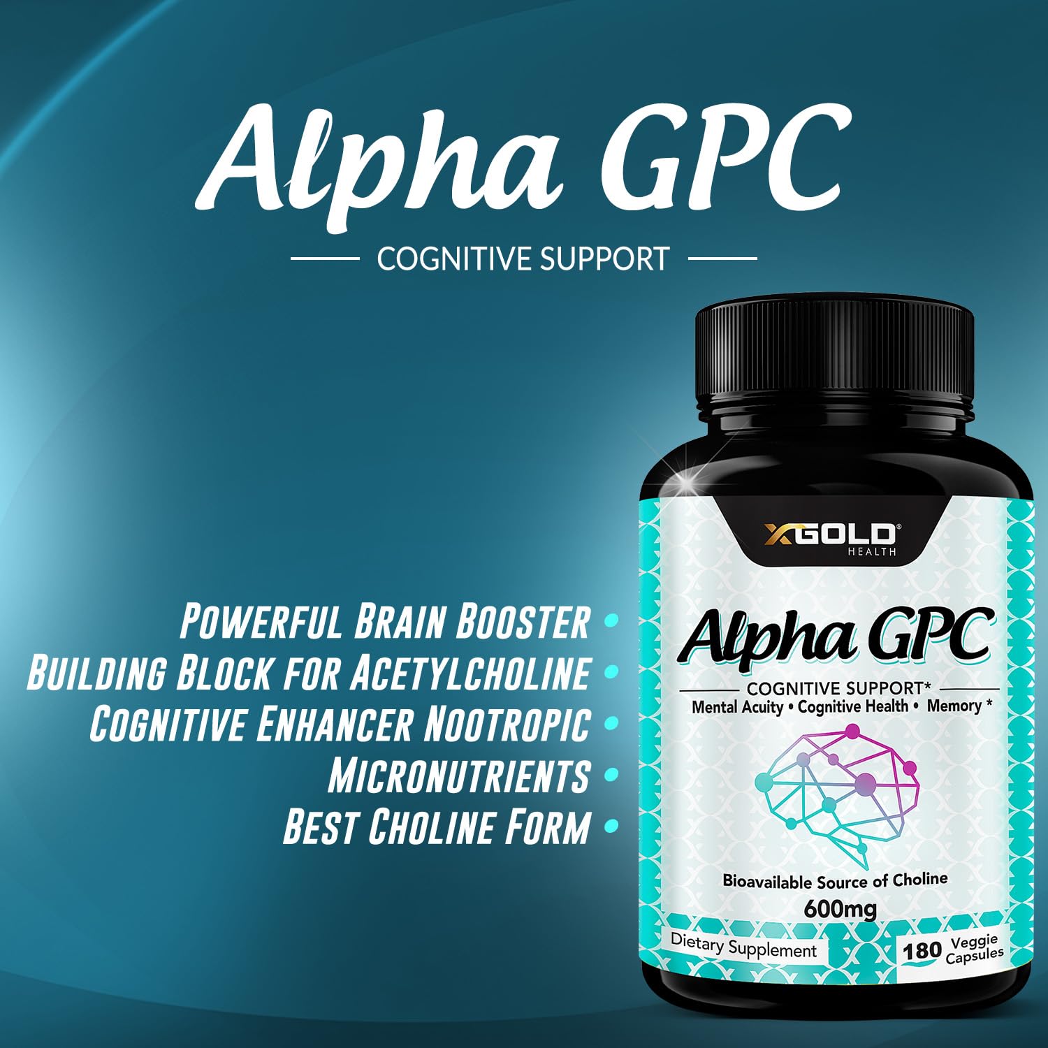 X Gold Health Alpha GPC supplement with measuring spoon