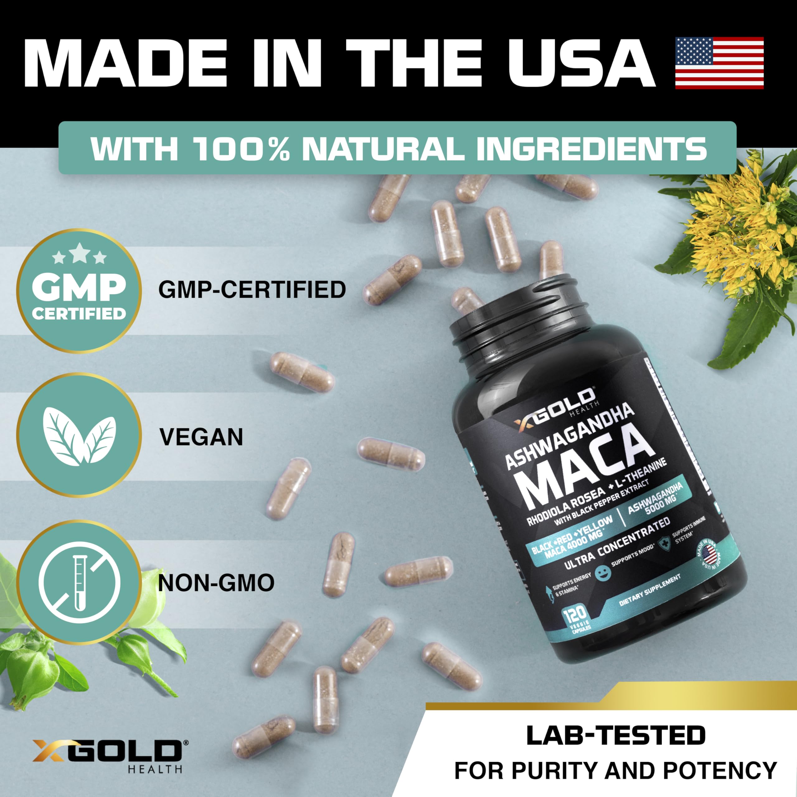 X Gold Health Ashwagandha Supplement back view with nutritional information