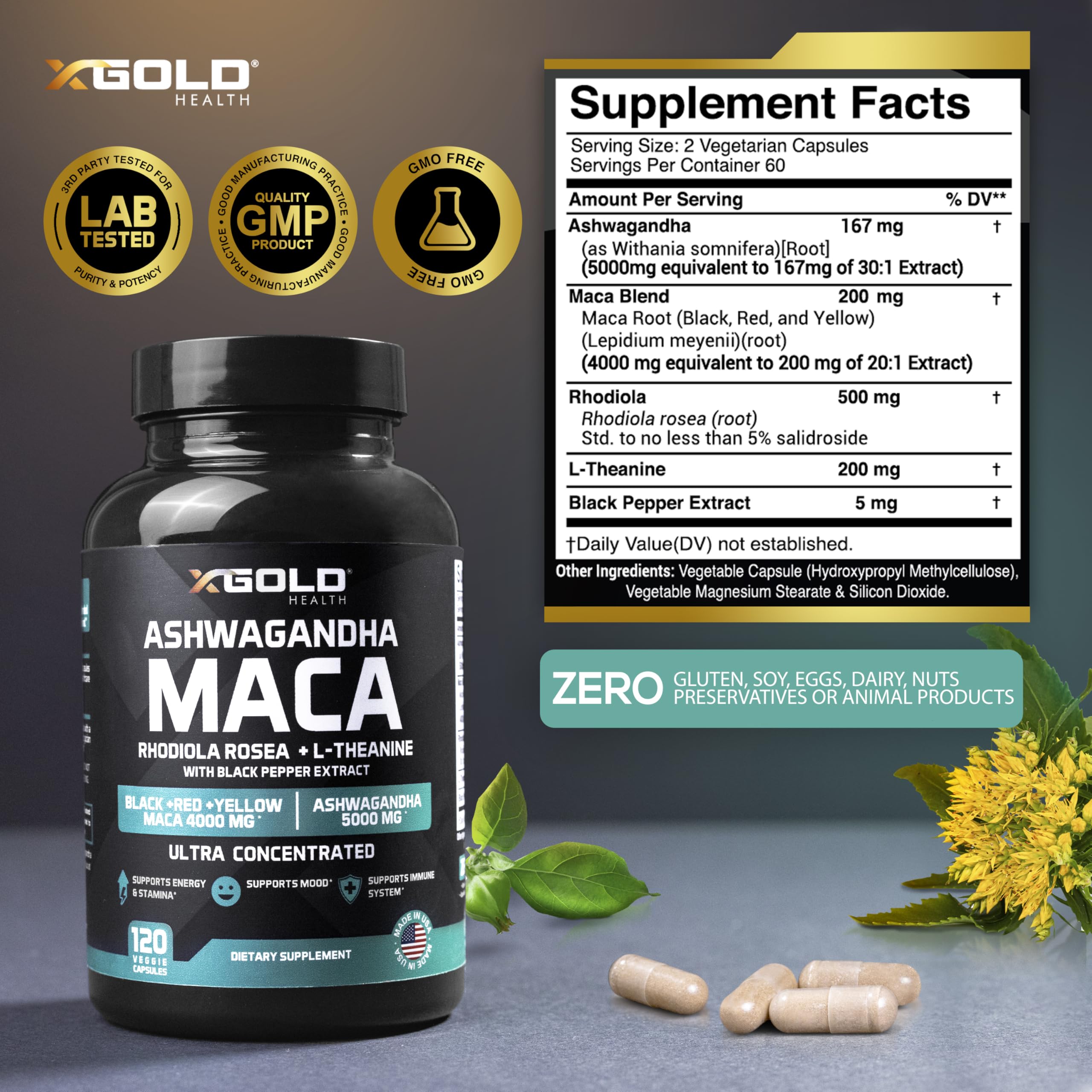 X Gold Health Ashwagandha Supplement ingredients list on packaging