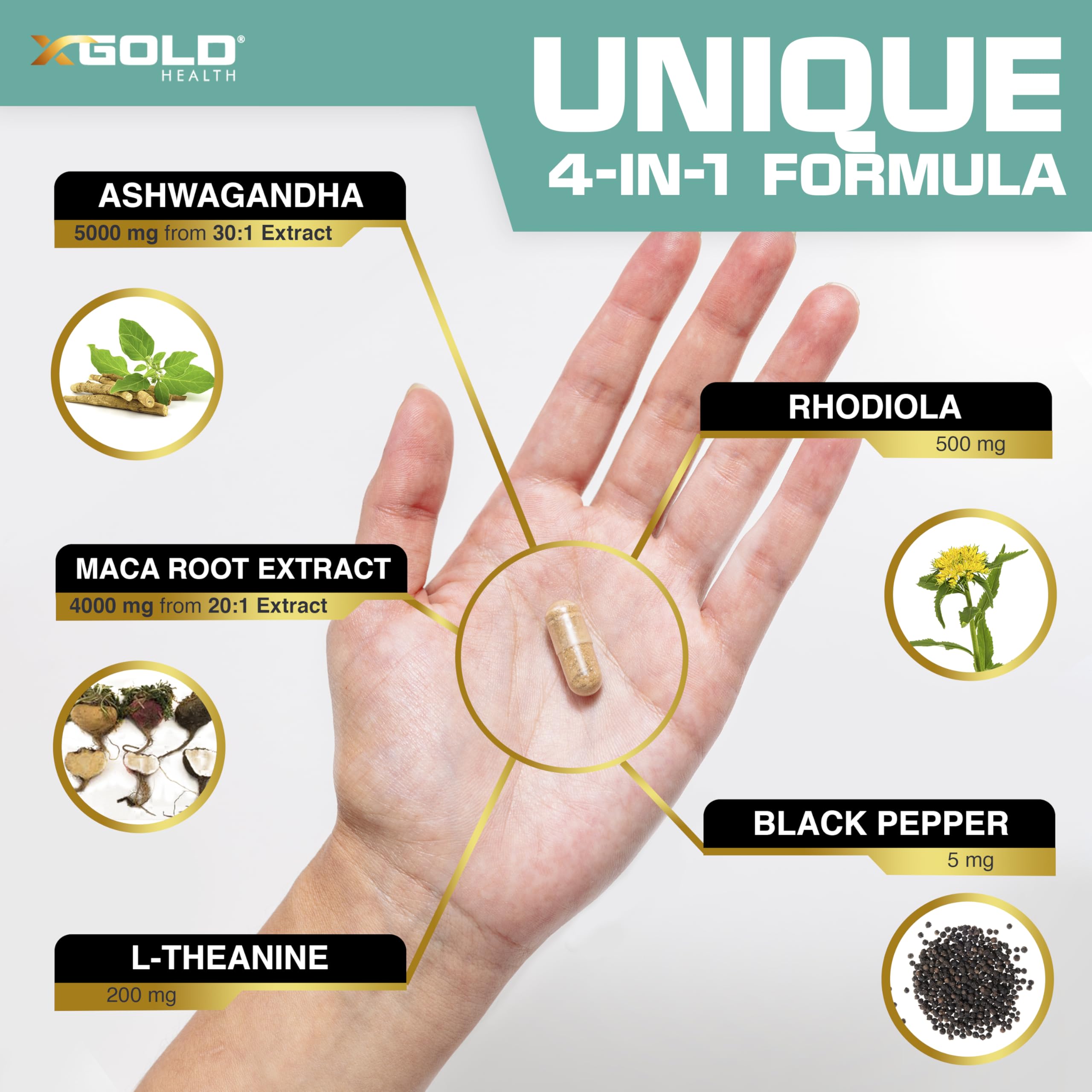 X Gold Health Ashwagandha Supplement with natural herbs displayed