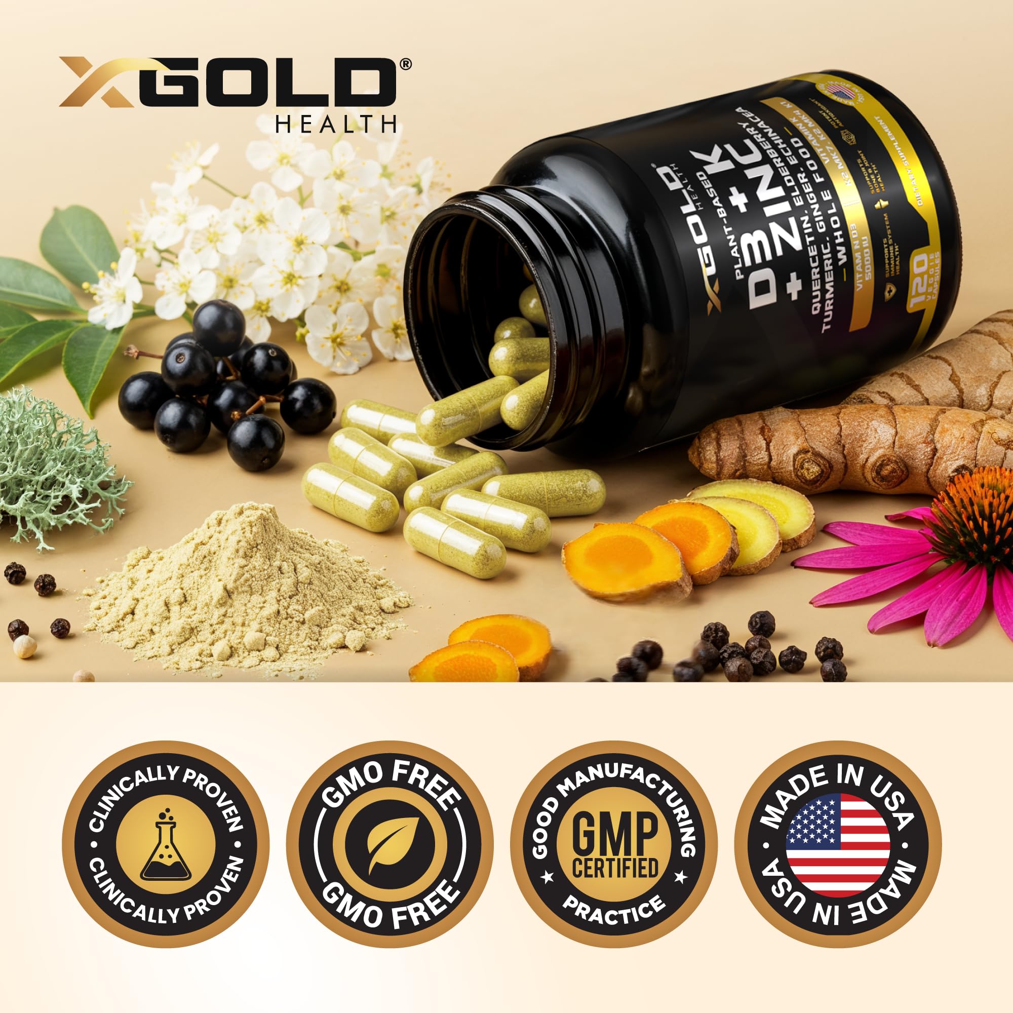 X Gold Health Daily Wellness Formula bottle with capsules spilled