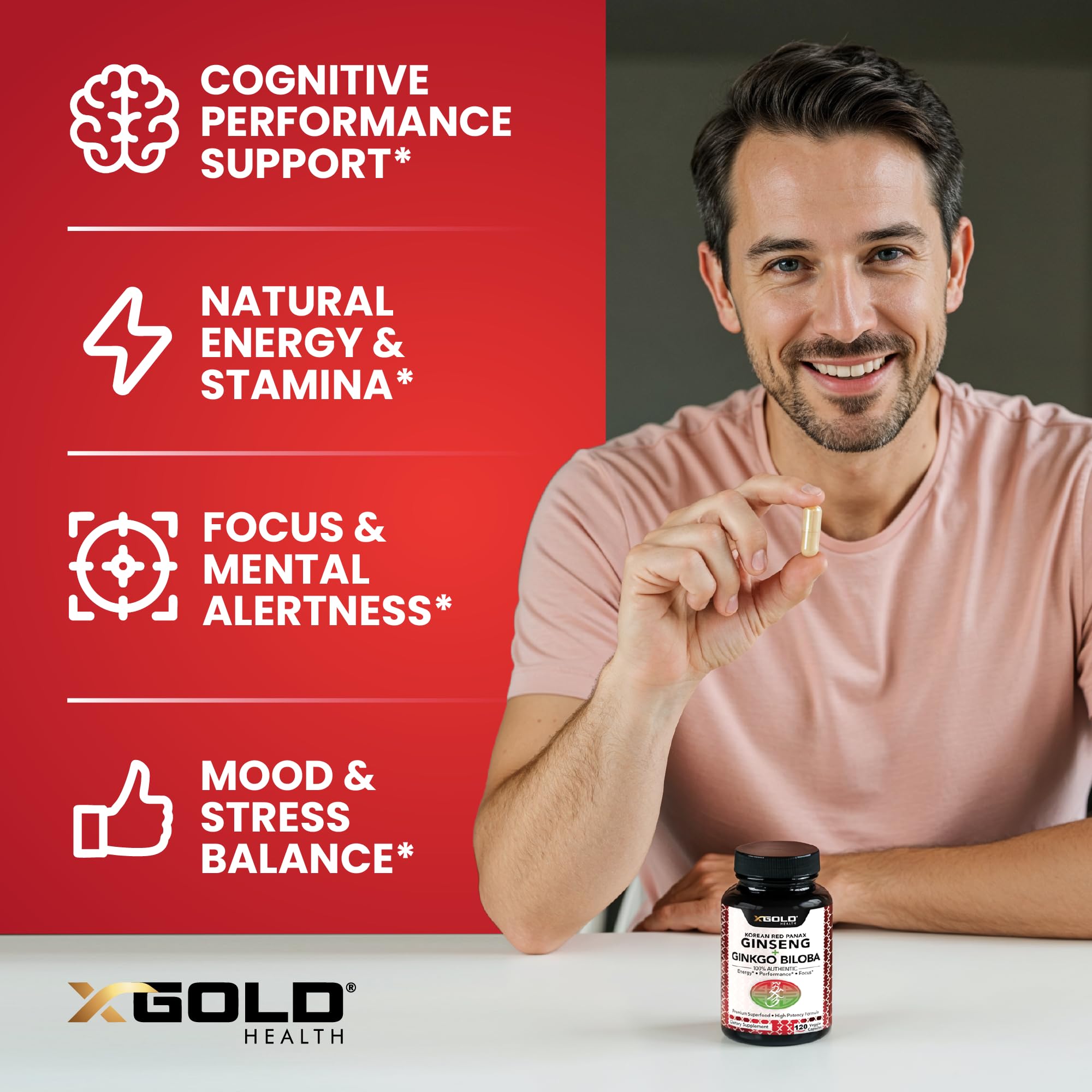 X Gold Health Ginseng Supplement capsules on a wooden surface