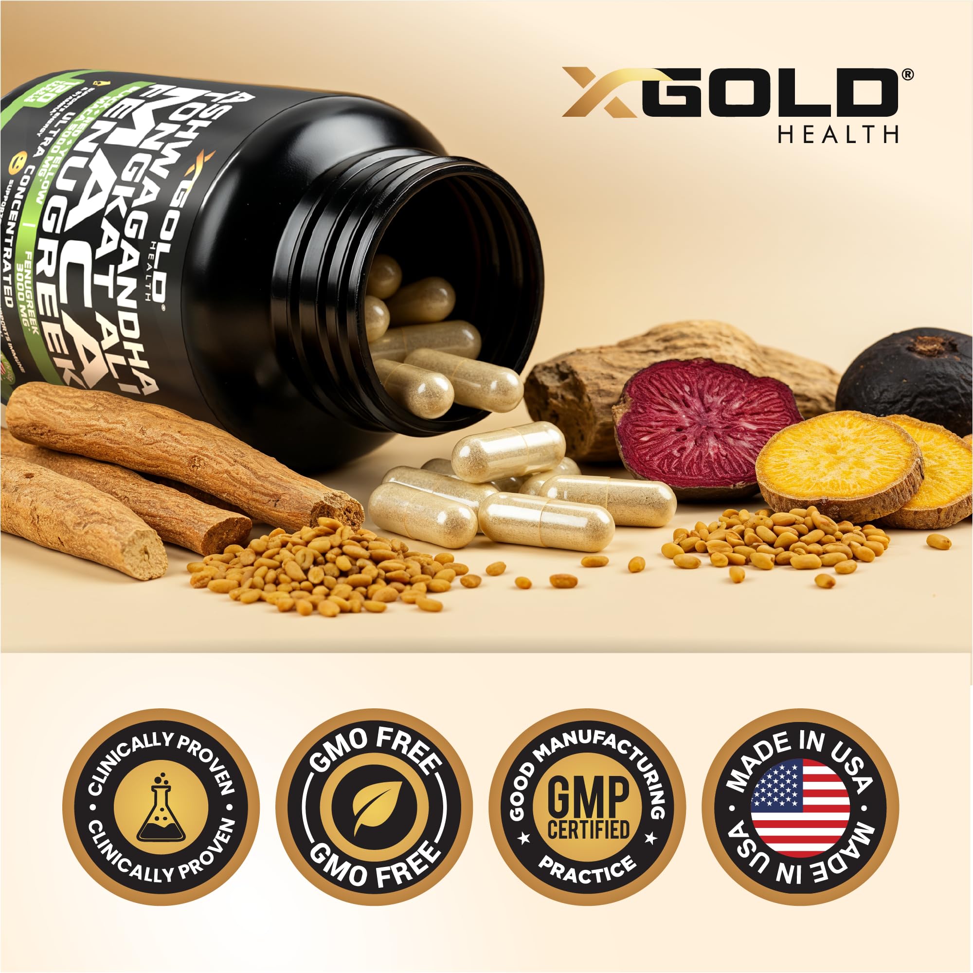 X Gold Health Herbal Complex Supplement on a wooden table