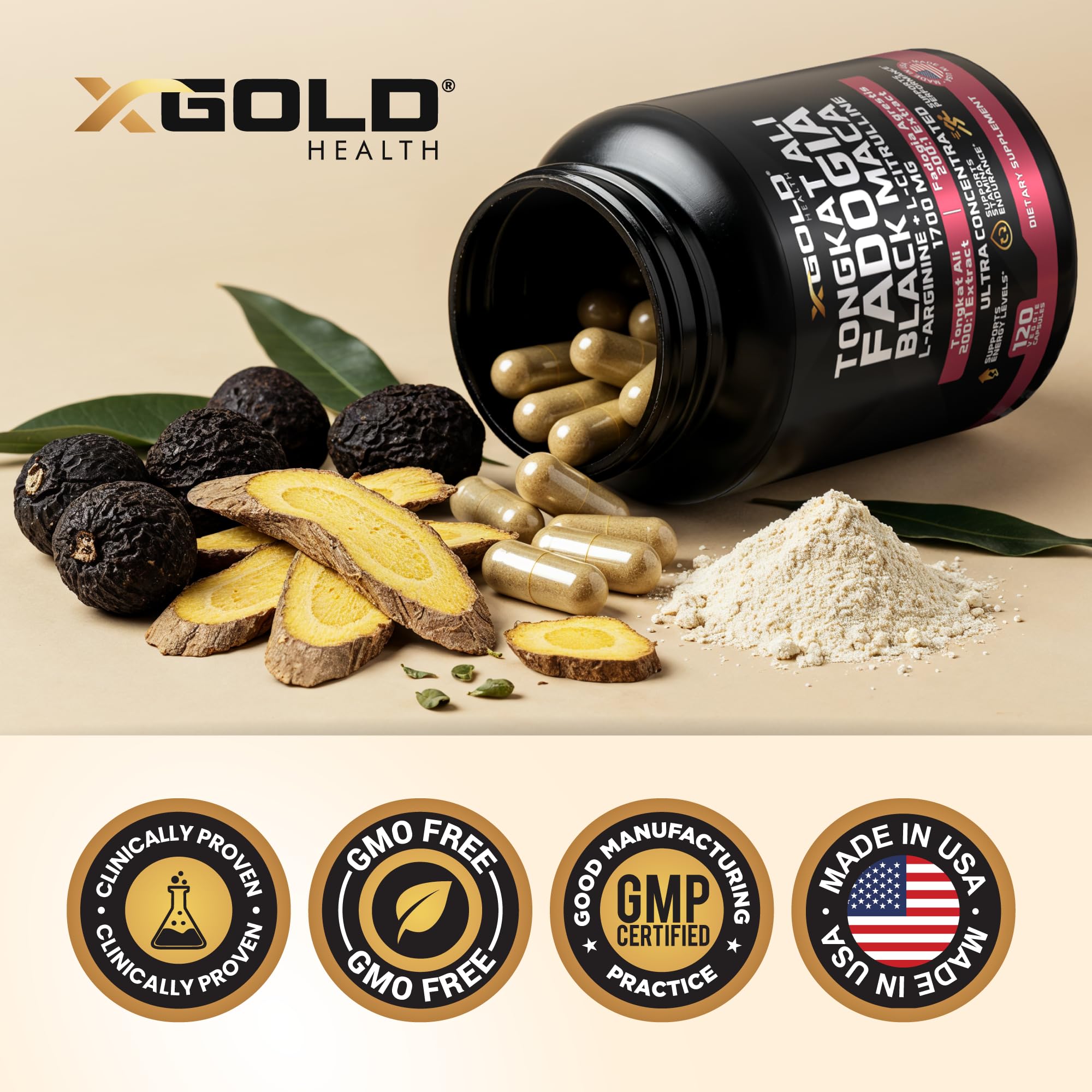 X Gold Health L-Arginine Complex displayed with other supplements