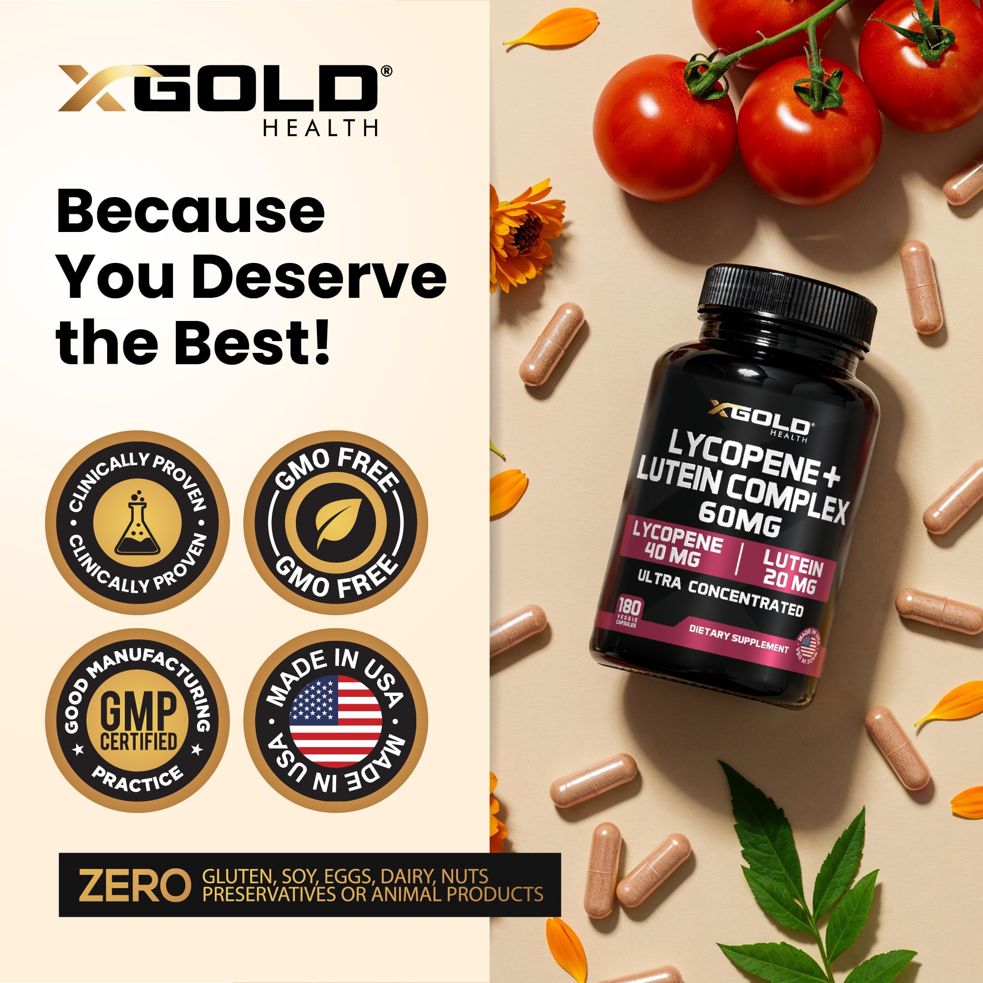 X Gold Health Lycopene + Lutein Complex bottle on a wooden table