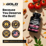 X Gold Health Lycopene + Lutein Complex bottle on a wooden table