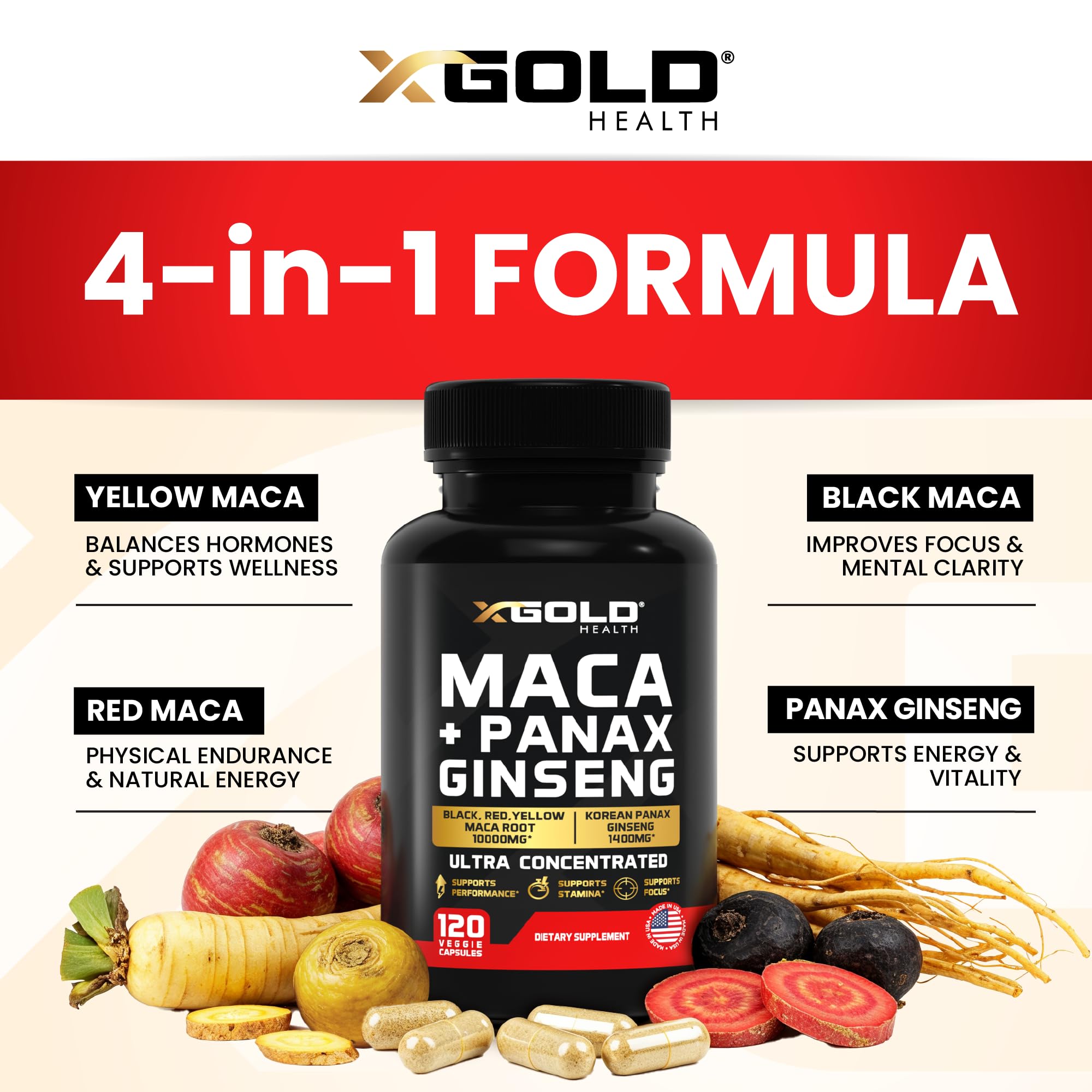 X Gold Health Maca + Ginseng Capsules bottle with label