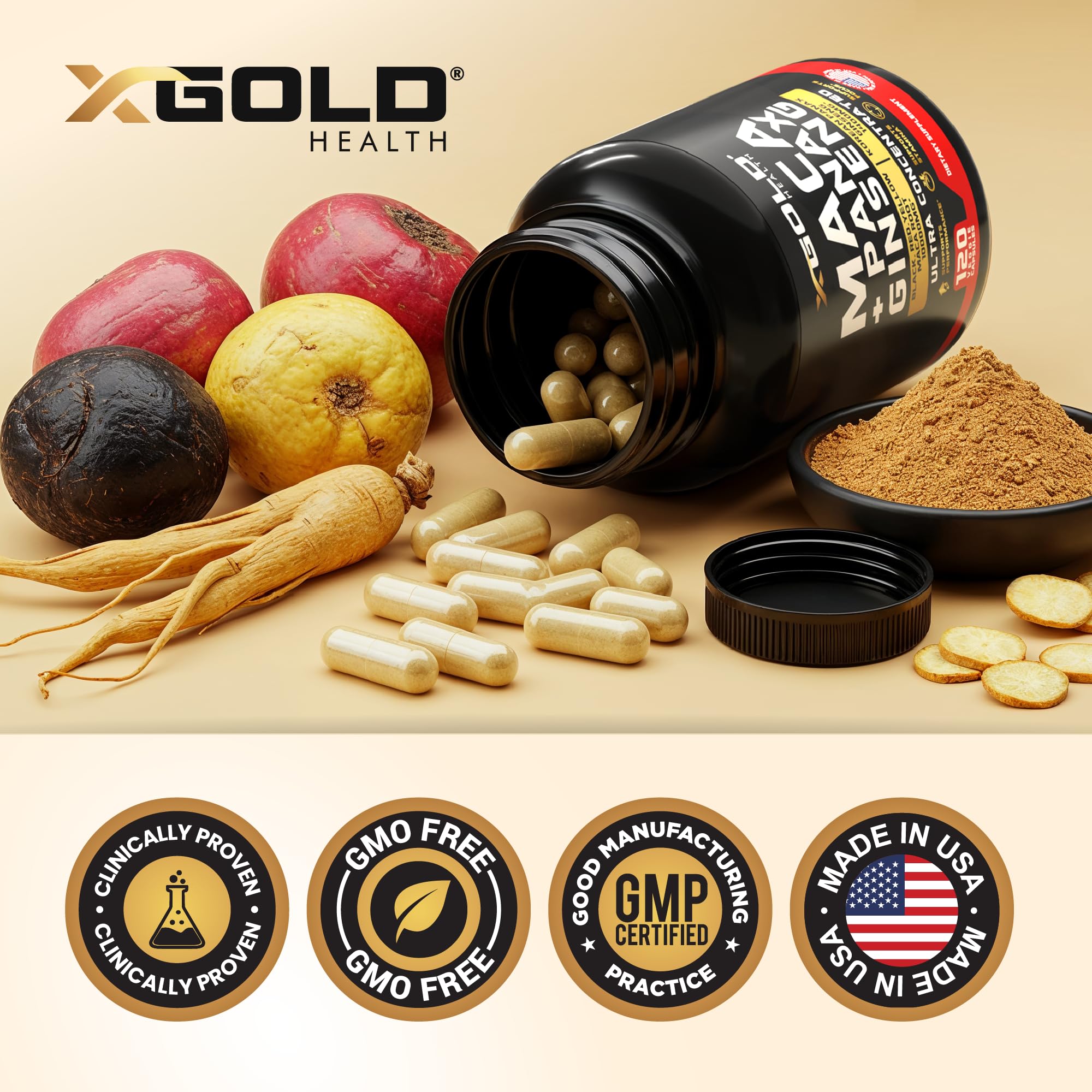 X Gold Health Maca + Ginseng Capsules close-up of capsules
