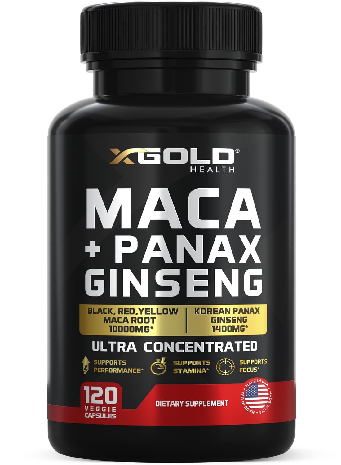 X Gold Health Maca + Ginseng Capsules front view