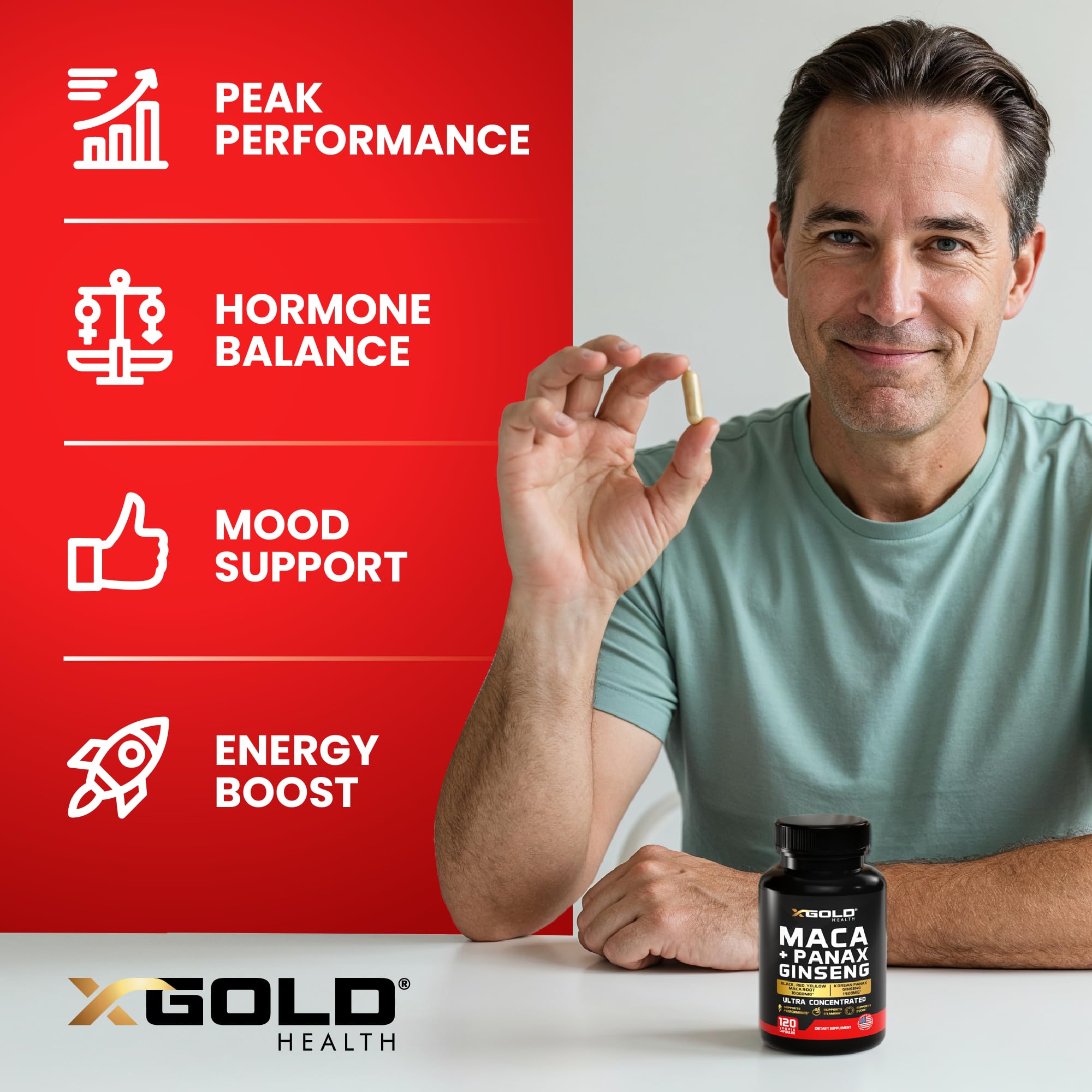 X Gold Health Maca + Ginseng Capsules on a wooden table