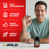 X Gold Health Maca + Ginseng Capsules on a wooden table