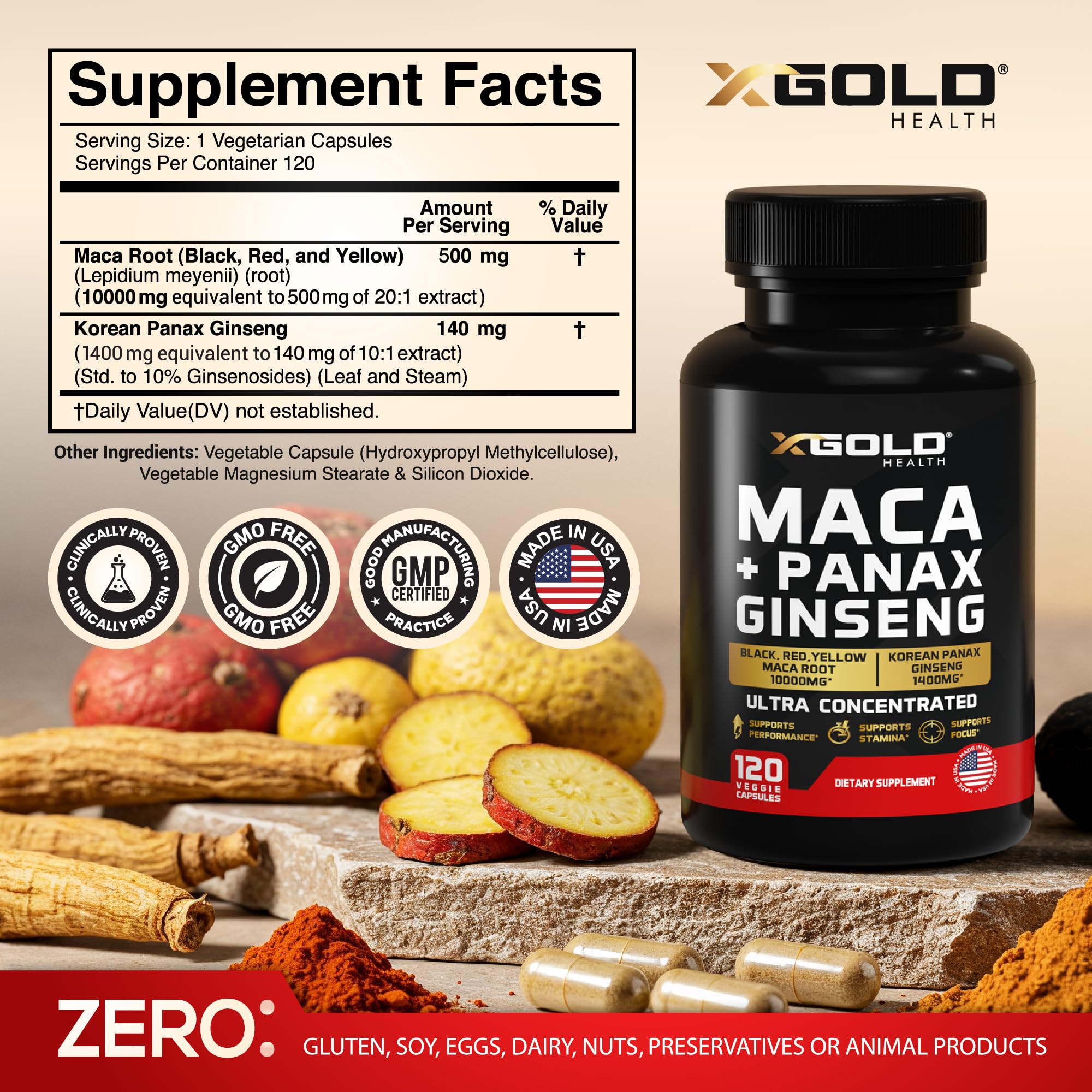 X Gold Health Maca + Ginseng Capsules side view