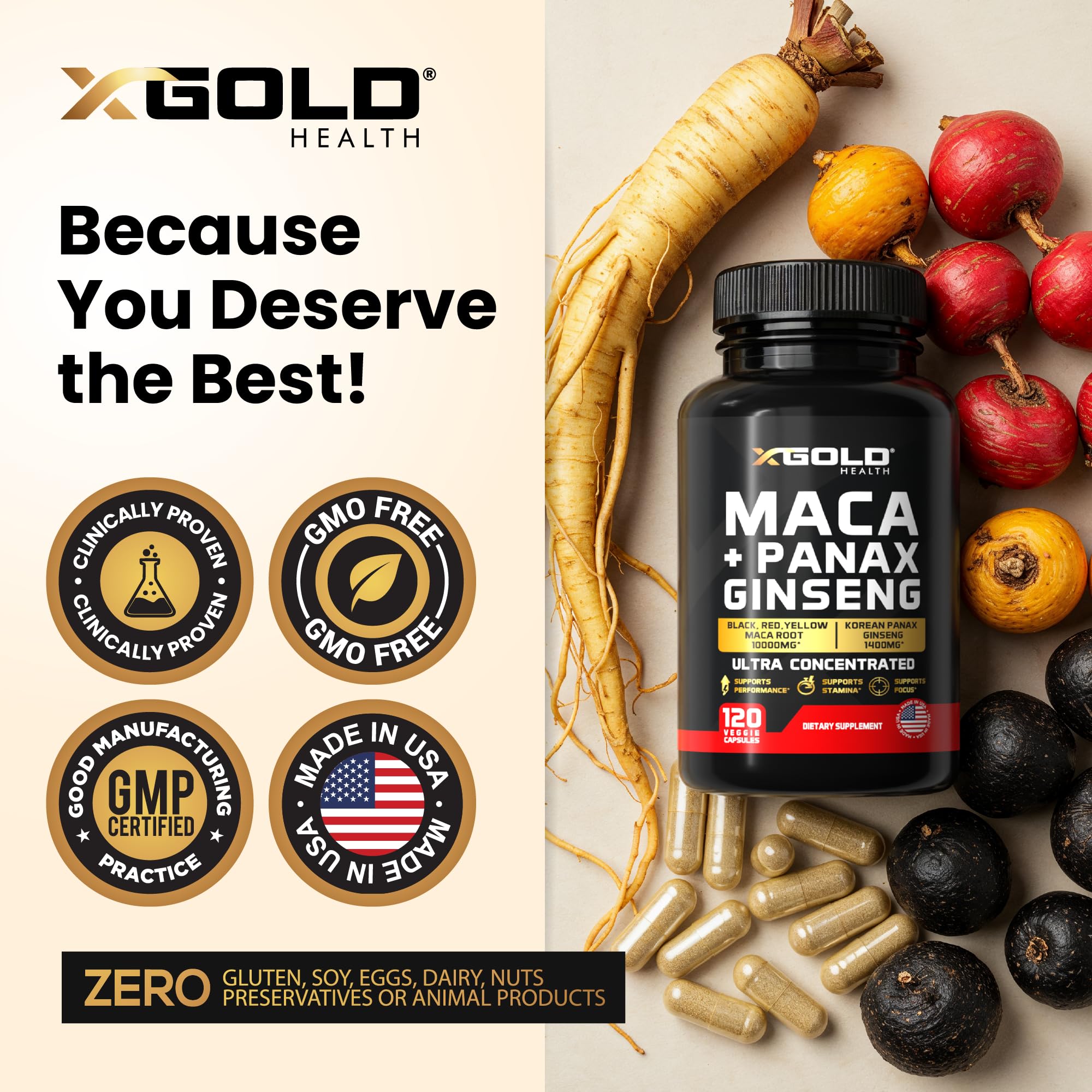 X Gold Health Maca + Ginseng Capsules with measuring spoon
