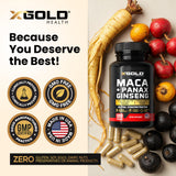 X Gold Health Maca + Ginseng Capsules with measuring spoon