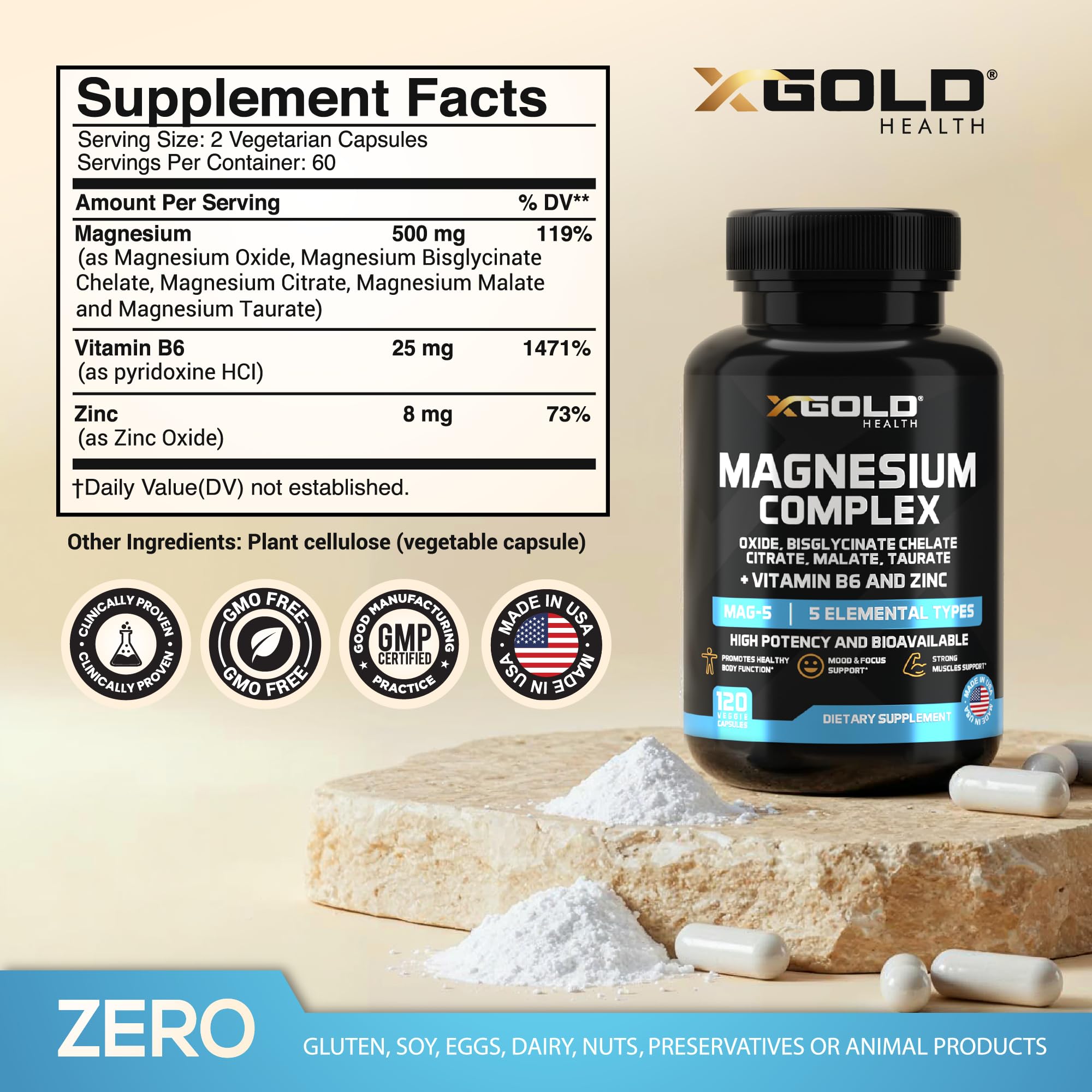 X Gold Health Magnesium Complex Supplement 500mg side view