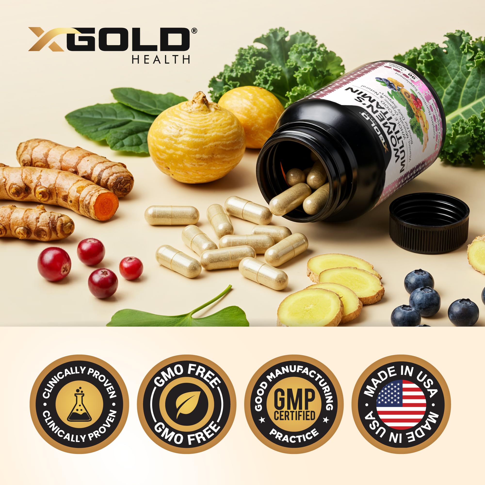 X Gold Health Multivitamin Capsules in hand for size reference