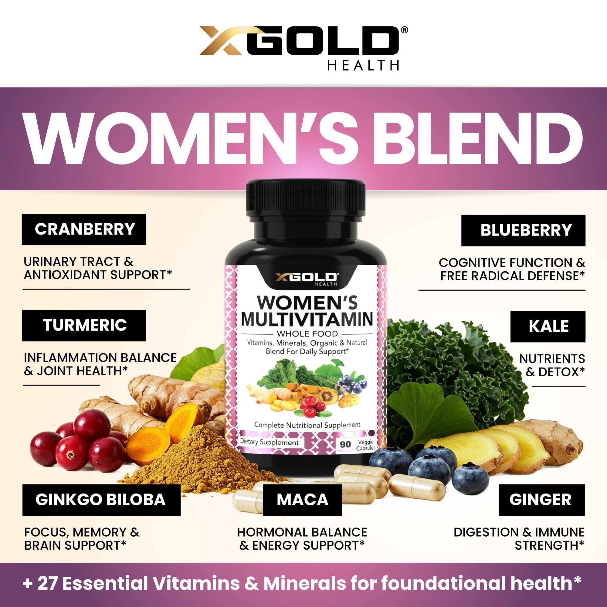 X Gold Health Multivitamin Capsules on a wooden table